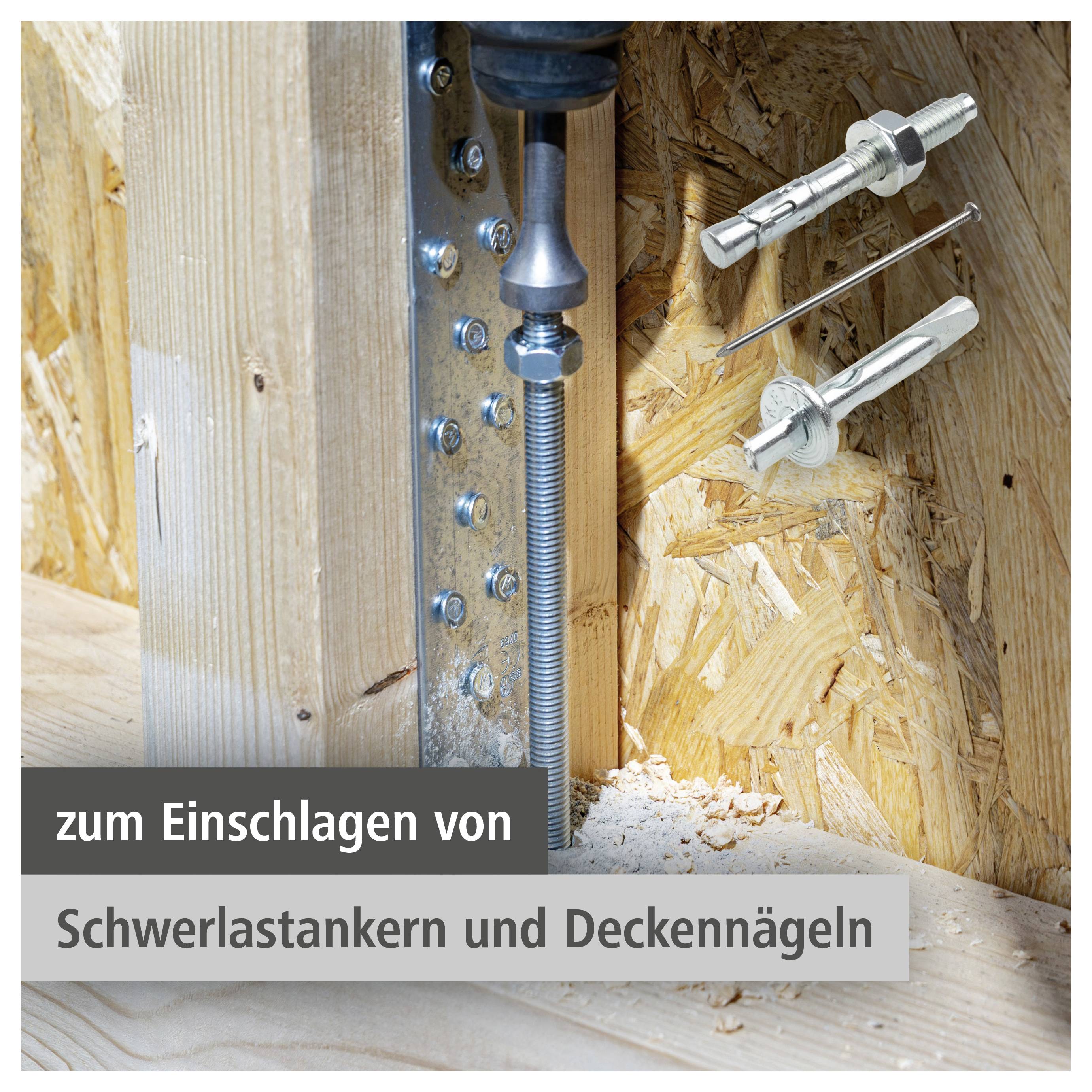 Werkzeug zum Einschlagen von Schwerlastankern und Deckennägeln in Holz, gezeigt neben einer Gewindemanschette und zwei Metallfastennern; Text lautet „zum Einschlagen von Schwerlastankern und Deckennägeln