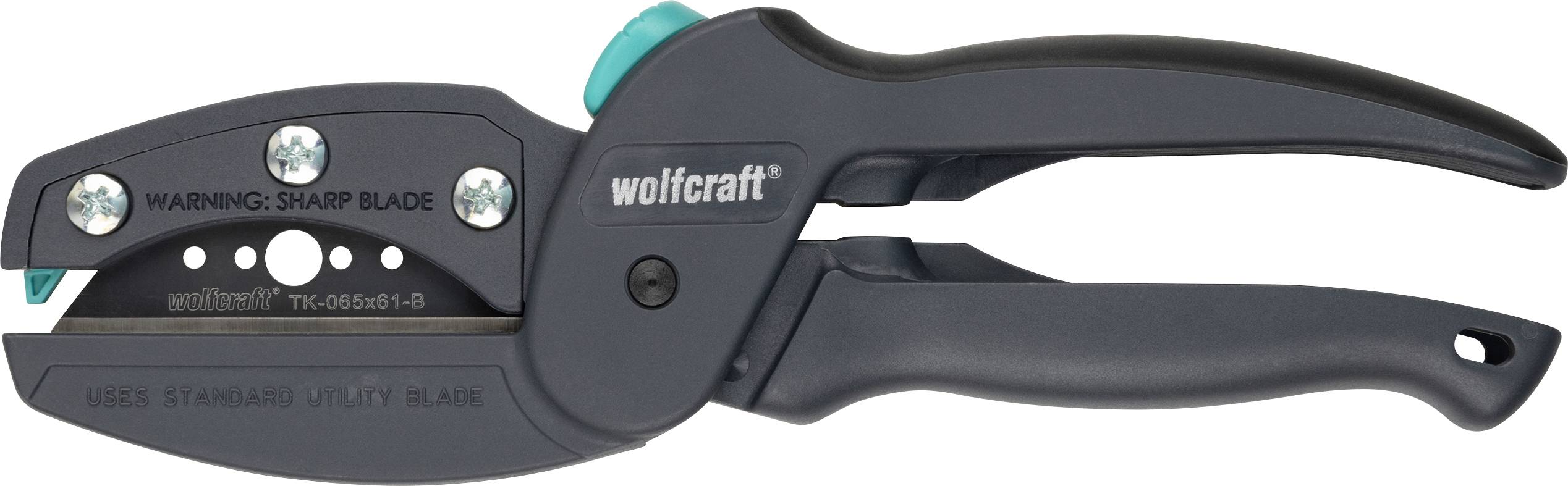 Ein schwarzer Wolfcraft-Kabelschneider mit gebogenen Griffen und einer scharfen Klinge, gezeigt in der Seitenansicht auf weißem Hintergrund.