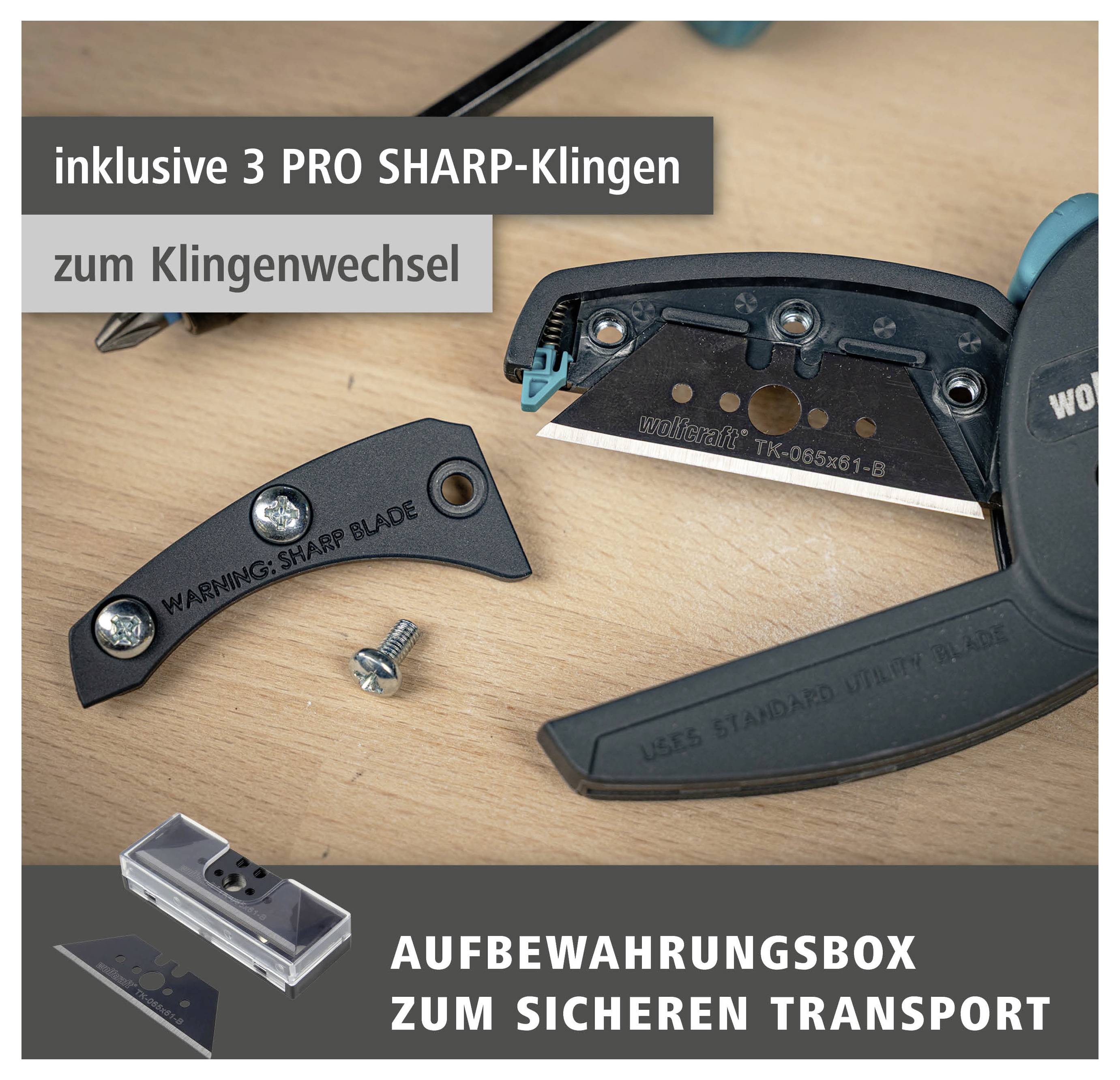 Illustration zum Austausch der Klingen bei einem inklusive 3 PRO SHARP Schneider mit einer Aufbewahrungsbox für sicheren Transport.