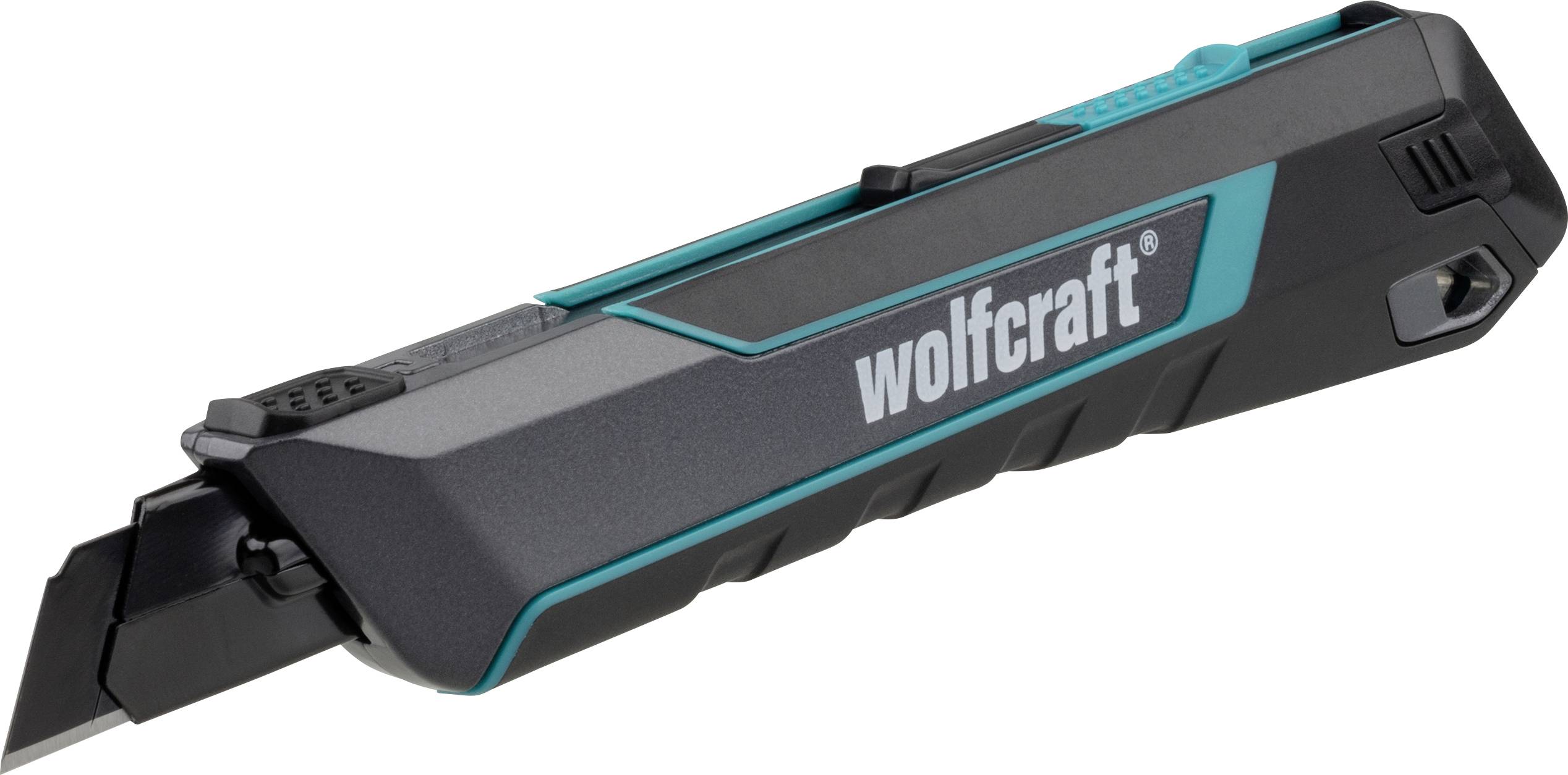 Schwarzes Wolfcraft Universalmesser mit ausfahrbarer Klinge und Blaugrün-Akzenten auf weißem Hintergrund.
