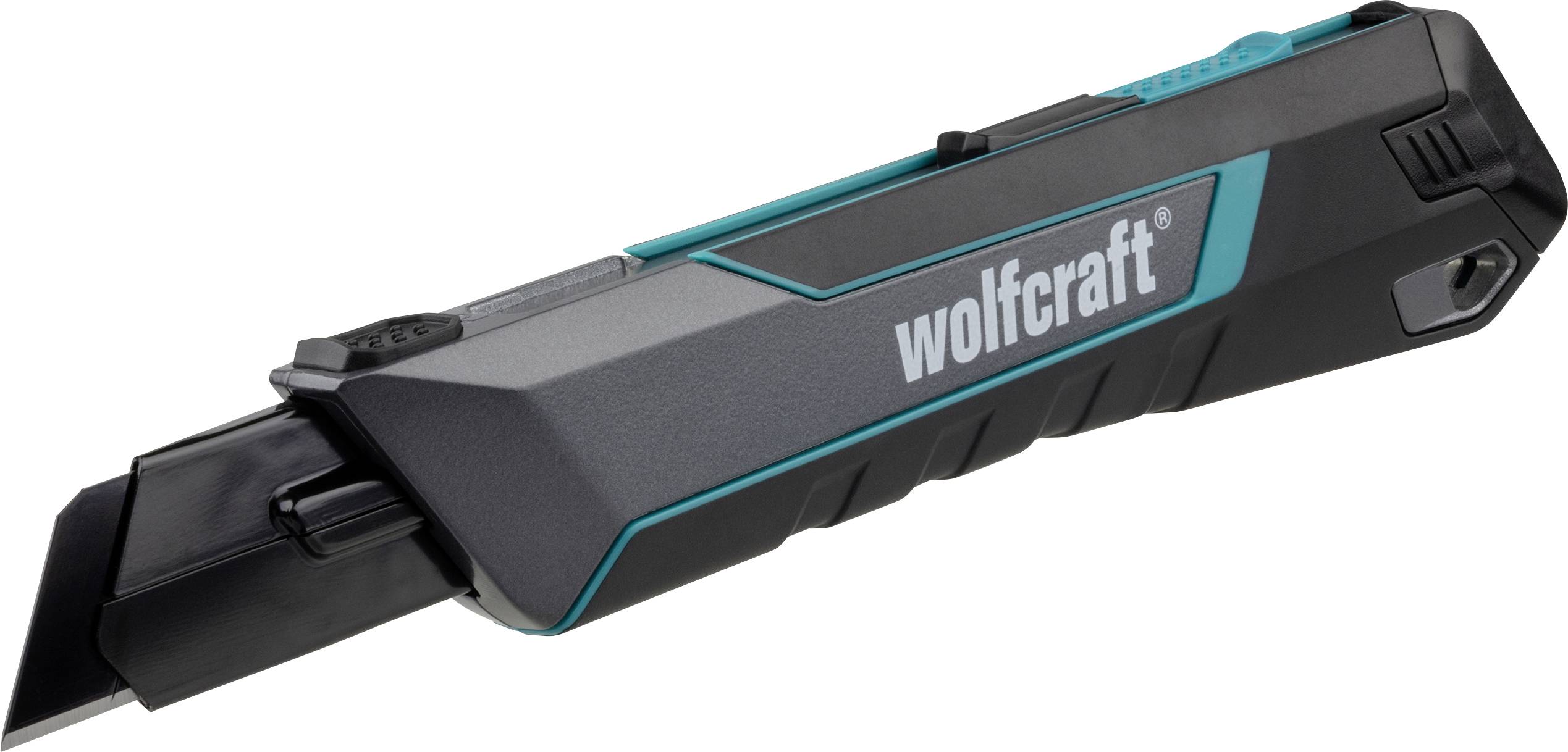 Schwarzes Wolfcraft-Universalmesser mit ausfahrbarer Klinge, in Seitenansicht vor weißem Hintergrund dargestellt.
