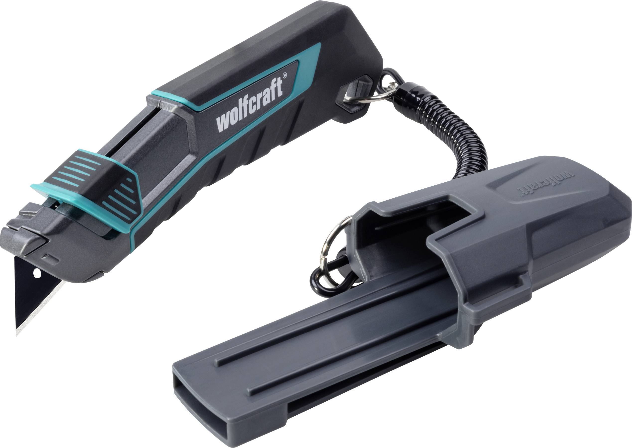 Wolfcraft Einziehbares Universalmesser mit Sicherheitsabdeckung und Klingenhalter auf weißem Hintergrund.