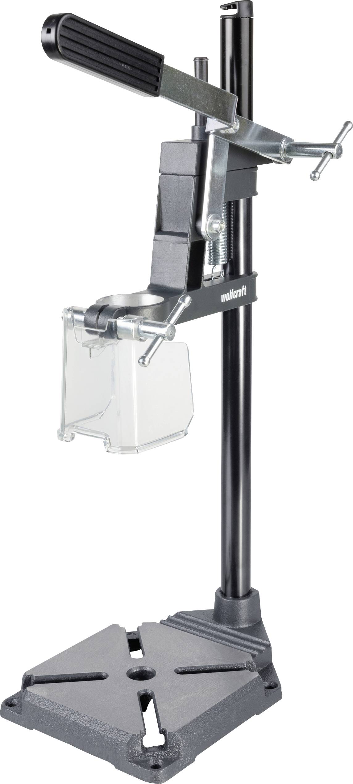Schraubstockgelenkte Bohrständer mit verstellbarer Höhersäule, Bohrgriff und gewichteter Basis zum sicheren Halten einer tragbaren Bohrmaschine.