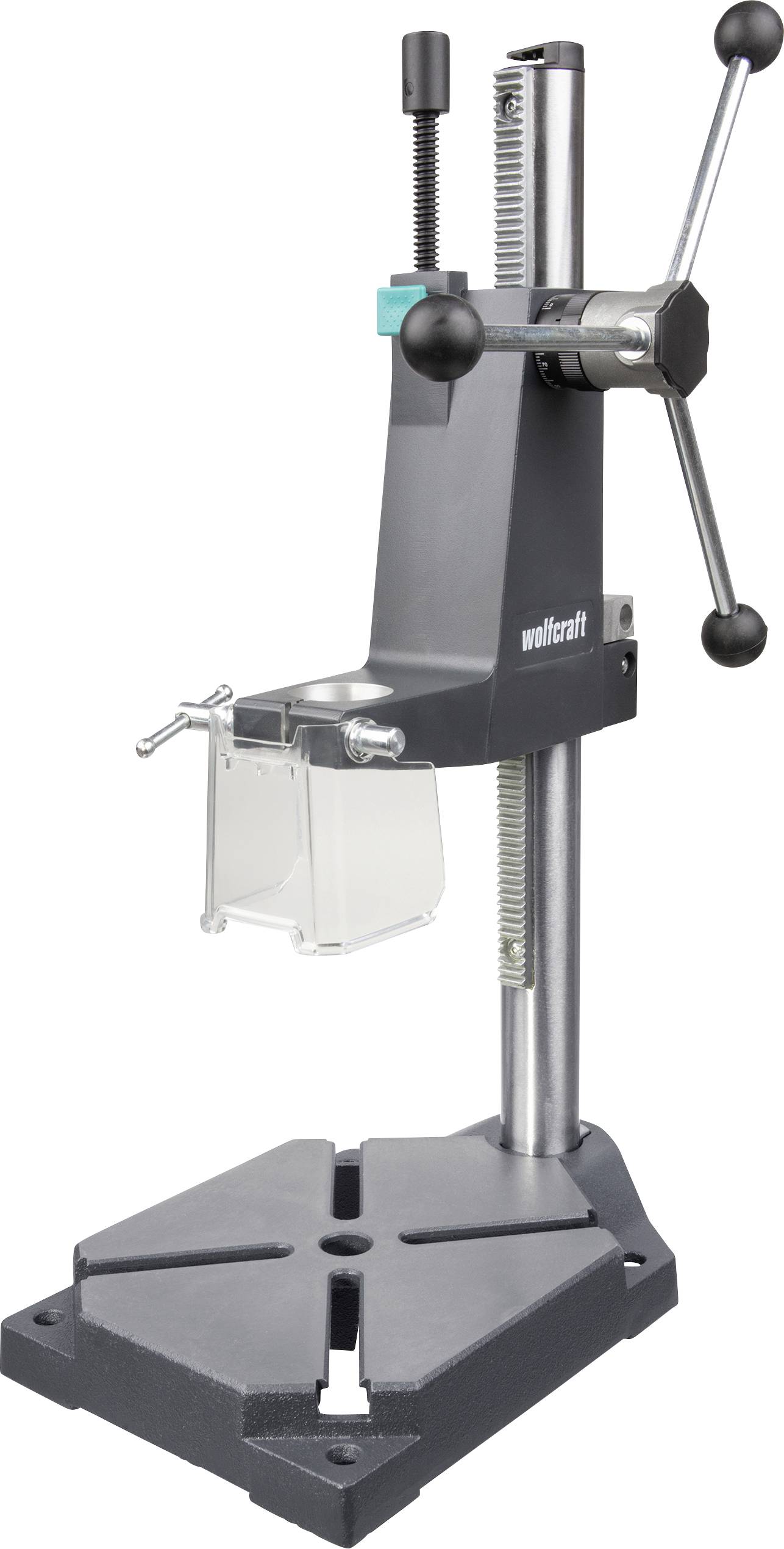 Tischbohrmaschine mit verstellbarem Arbeitstisch, großem Sockel und seitlicher Kurbel zum Bohren präziser vertikaler Löcher.