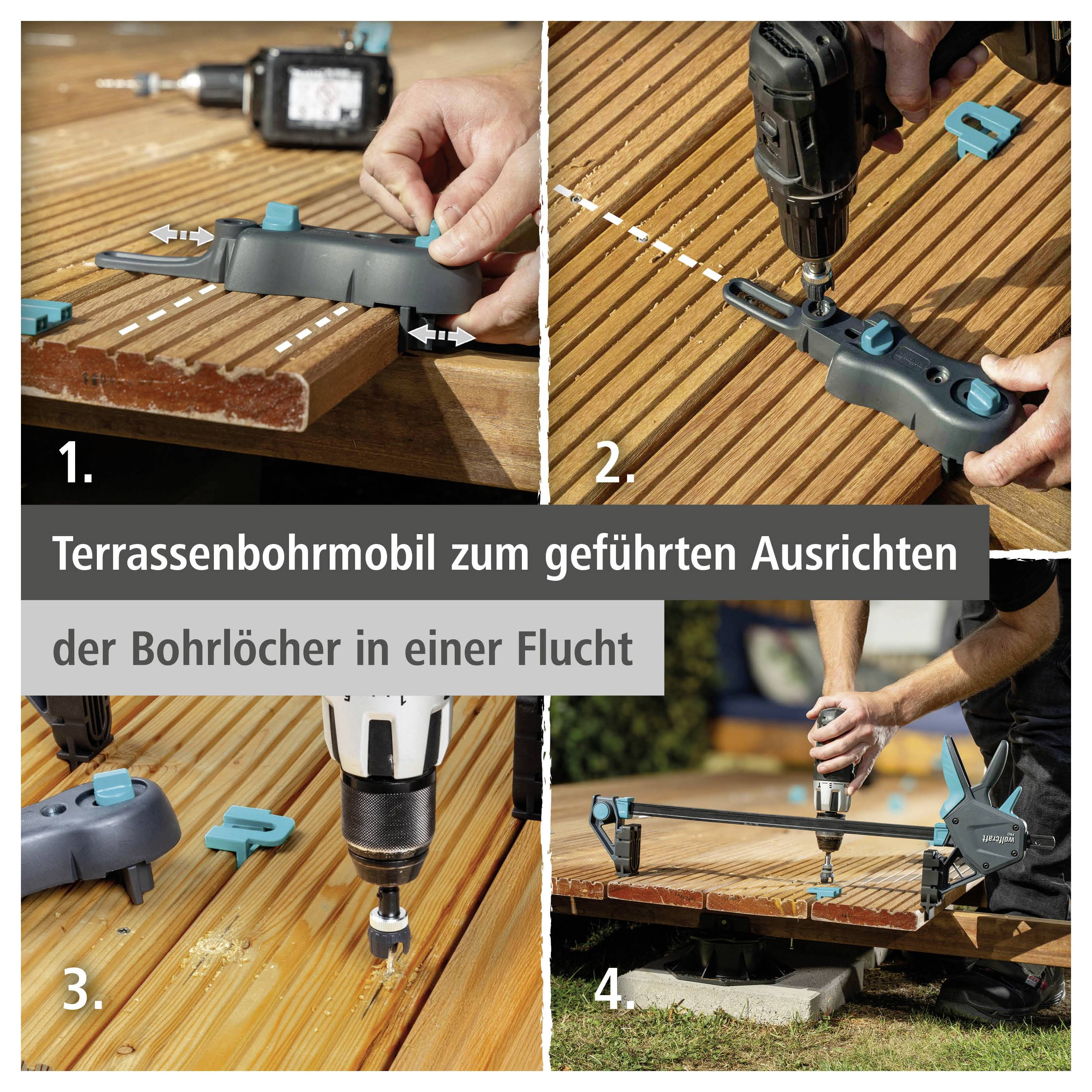 Instructional Collage, das einen Bohreführer zum Ausrichten von Löchern in einer Terrassendiele zeigt, mit den Schritten 1 bis 4 und deutschem Text 'Terrassenbohrmobil zum geführten Ausrichten der Bohrlöcher in einer Flucht'.
