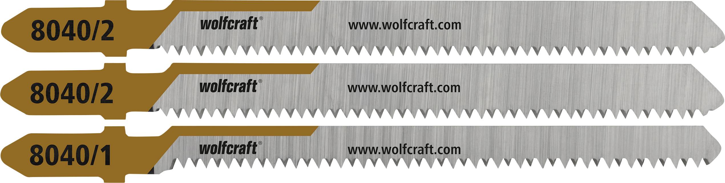 Drei horizontal gestapelte Wolfcraft-Sägeblätter, beschriftet mit 8040/2, 8040/2 und 8040/1, mit Wolfcraft und www.wolfcraft.com auf jedem Blatt gedruckt.