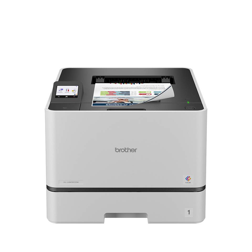 Vorderansicht eines Brother-Desktop-Laserdruckers, der ein farbiges Dokument druckt, mit Touchscreen-Display und Papierausgabefach.