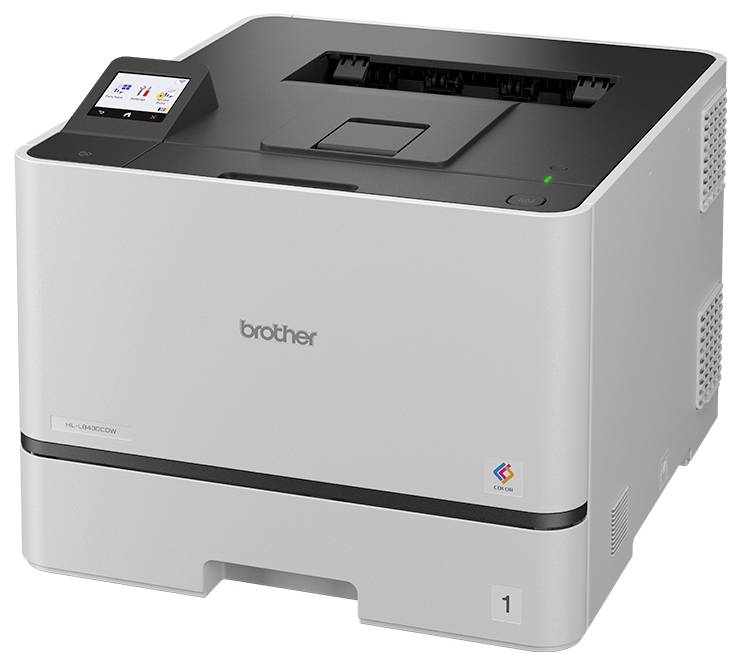 Vorderansicht eines Brother-Desktop-Laserdruckers mit Touchscreen-Bedienfeld und Papierausgabefach, gezeigt in Weiß und Schwarz.