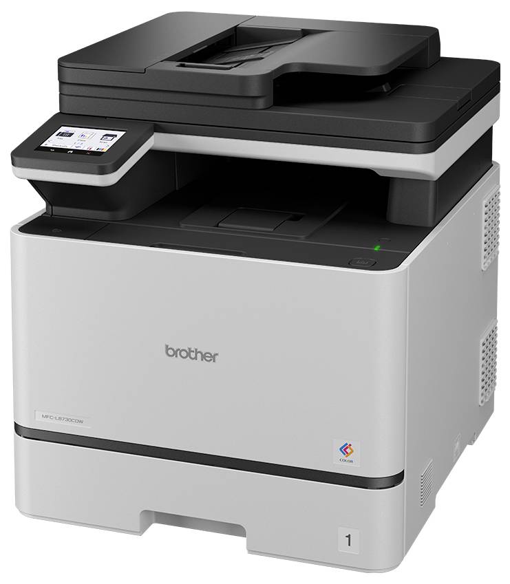 Brother Multifunktions-Farblaserdrucker mit Touchscreen-Bedienfeld und Flachbettscanner oben.