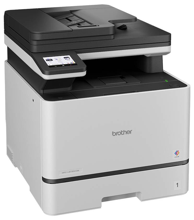 Brother Multifunktions-Laserdrucker mit Touchscreen-Bedienfeld und Papierfach, gezeigt auf weißem Hintergrund.