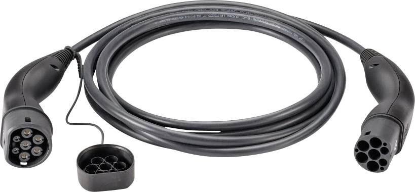 Aufgerolltes schwarzes EV-Ladekabel mit zwei Steckerendern und separatem rundem Adapterstecker auf weißem Hintergrund.