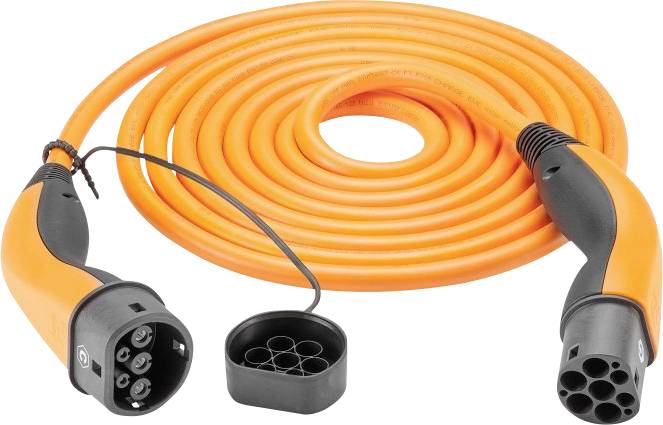 Orange aufgerolltes EV-Ladekabel mit zwei schwarzen Steckern auf weißem Hintergrund, einer mit Schutzkappe.