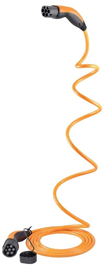 Oranges aufgerolltes Elektrofahrzeug-Ladekabel mit schwarzen Steckern, dargestellt als eigenständiges Produkt auf weißem Hintergrund.