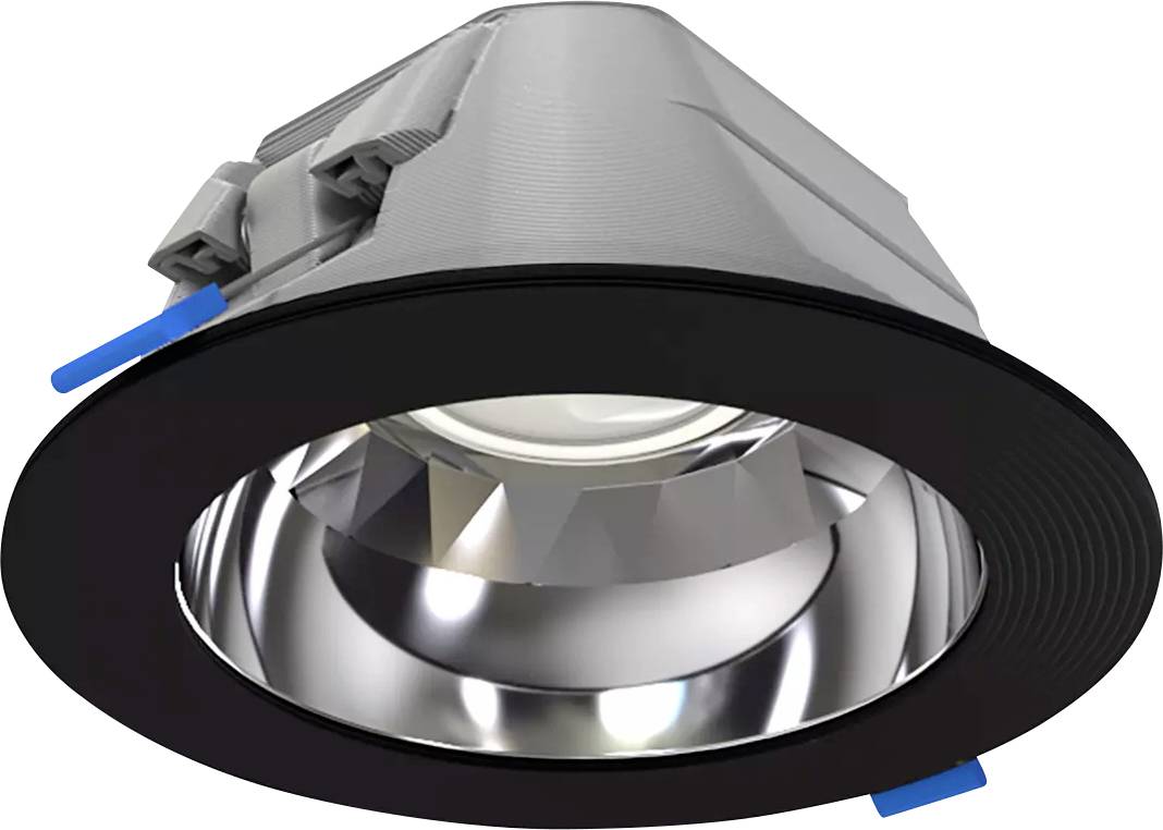 Einbauleuchte mit schwarzem Trim-Ring, reflektierendem Metallinneren und blauen Federklemmen auf weißem Hintergrund.