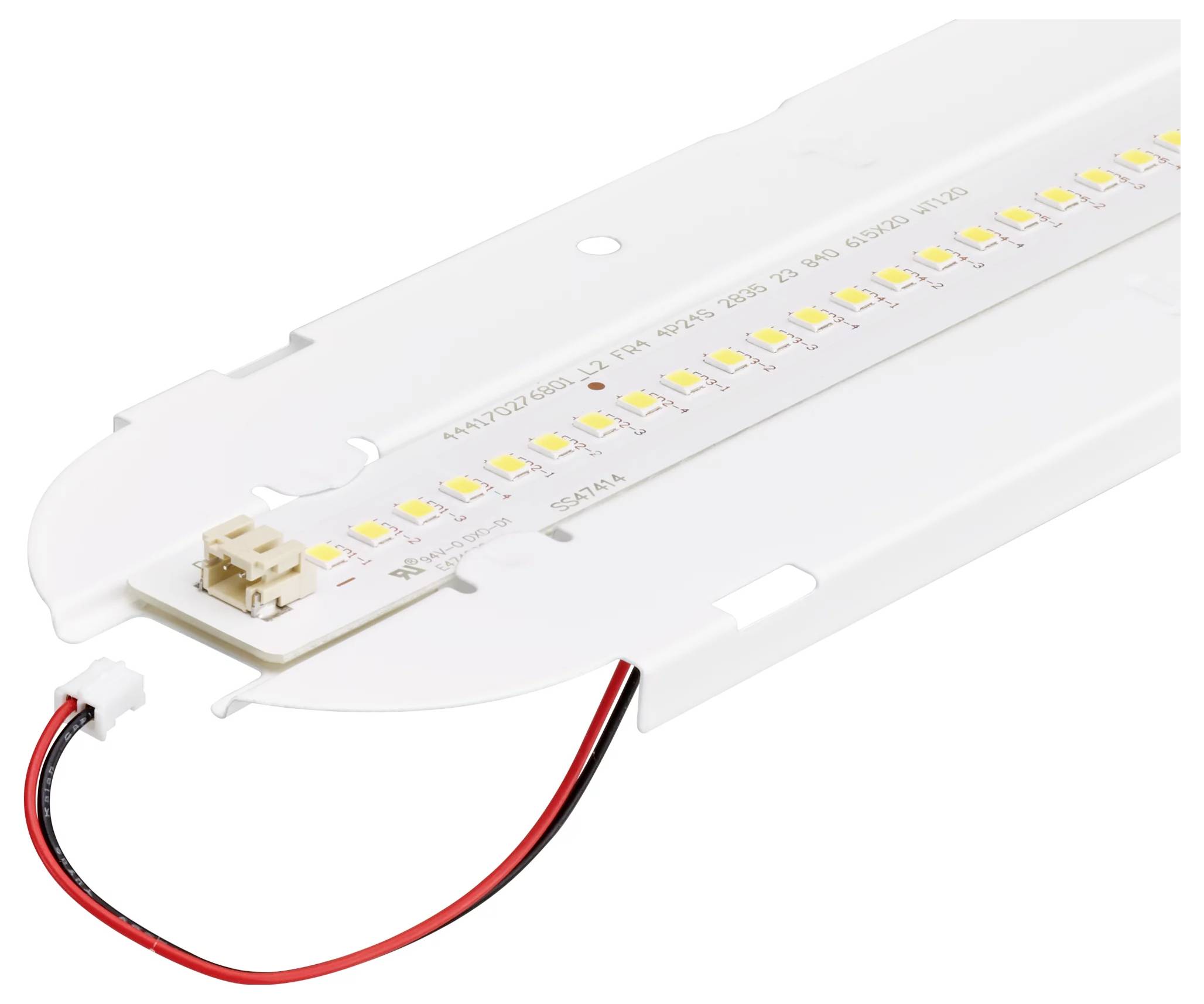LED-Leuchtmodul mit weißem Gehäuse und freigelegter Leiterplatte, dargestellt mit roten und schwarzen Stromkabeln auf weißem Hintergrund.