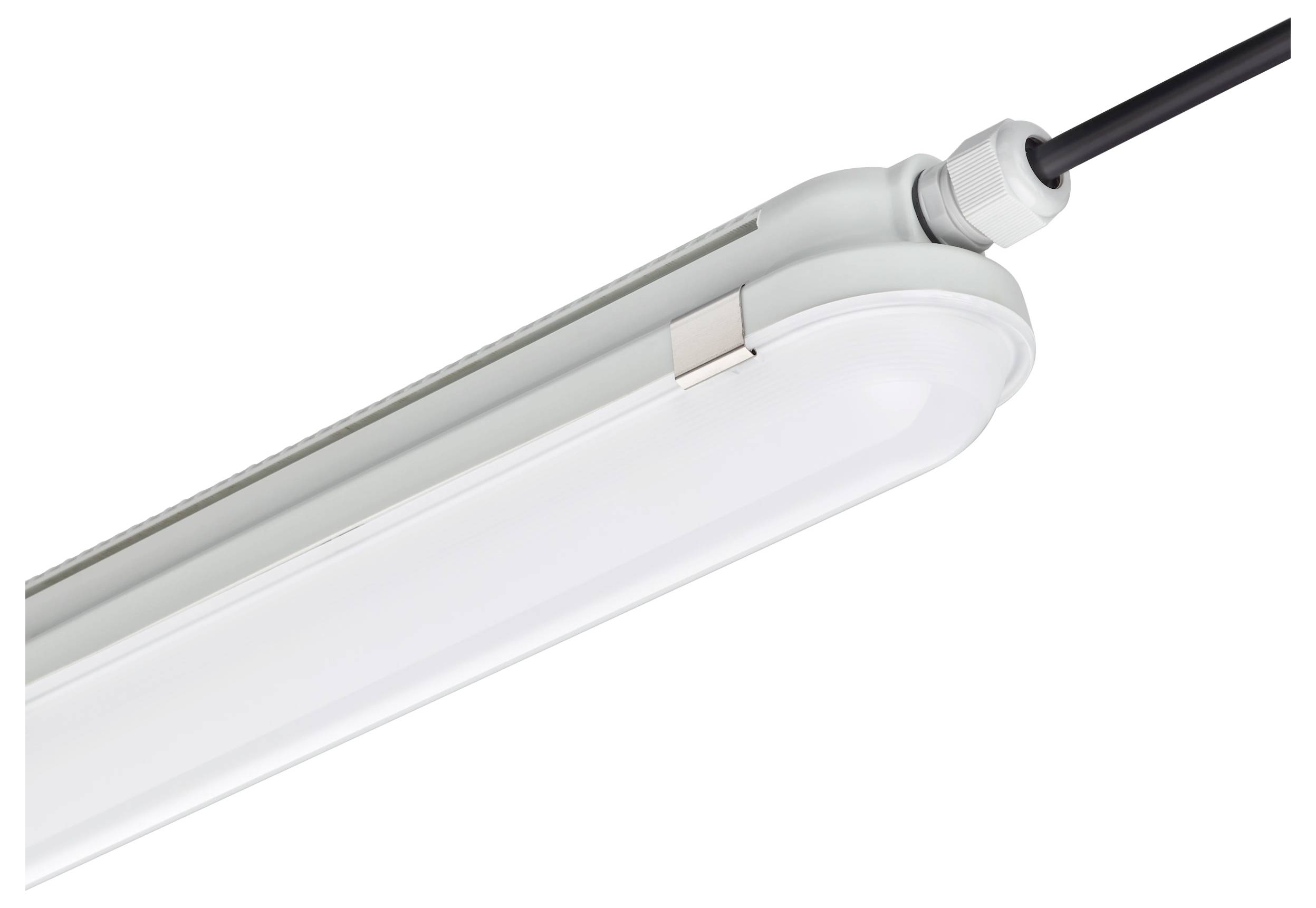 Nahaufnahme einer weißen LED-Röhrenleuchte mit schwarzem Stromkabel auf neutralem Hintergrund.