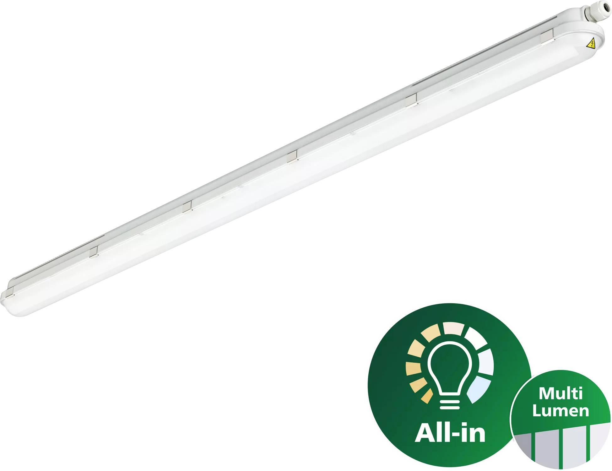 Lange weiße lineare LED-Leuchte auf einfachem Hintergrund mit den Produktabzeichen „All-in