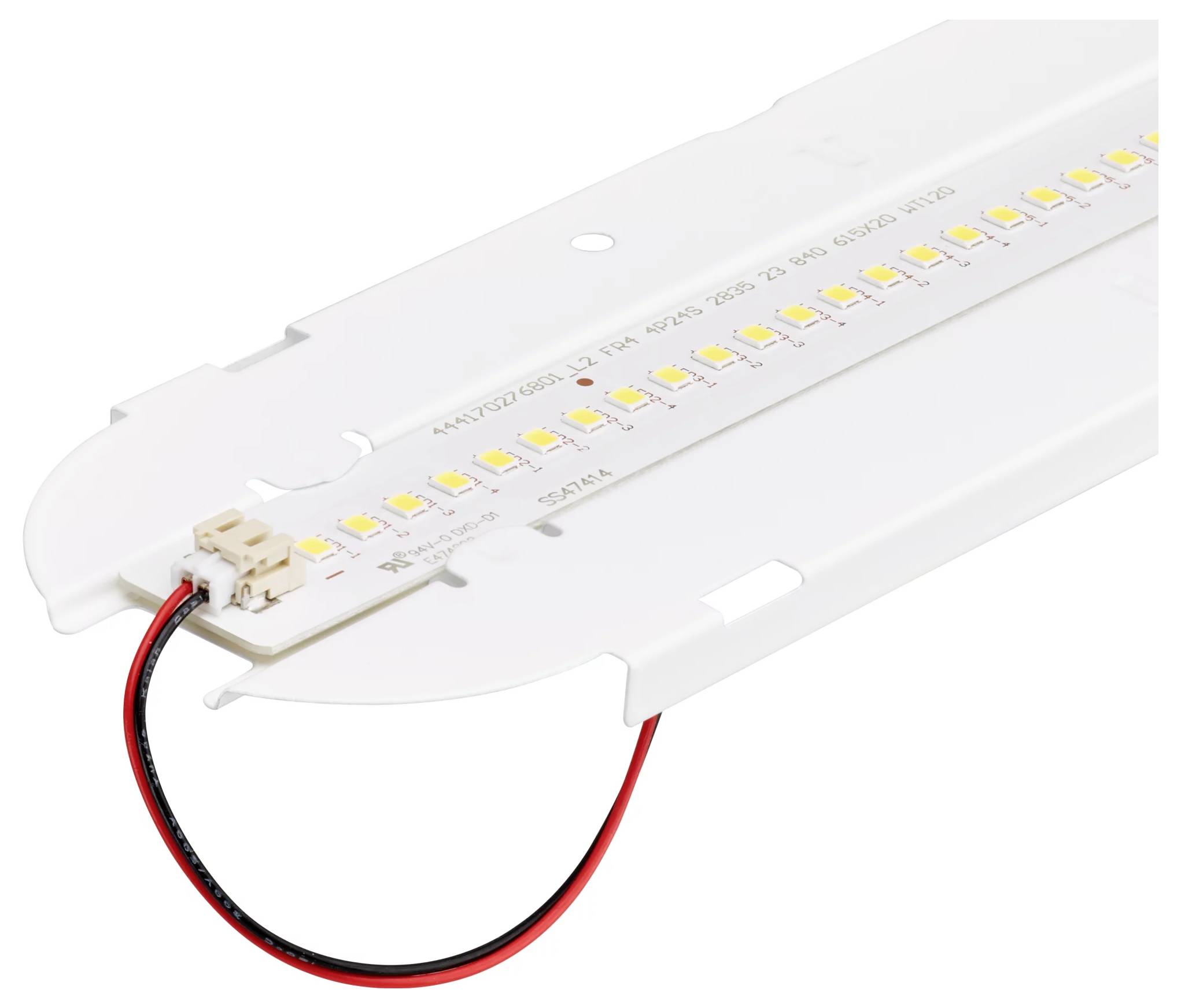 LED-Lichtstreifenmodul auf einem weißen Gehäuse montiert mit angebrachten roten und schwarzen Stromkabeln.