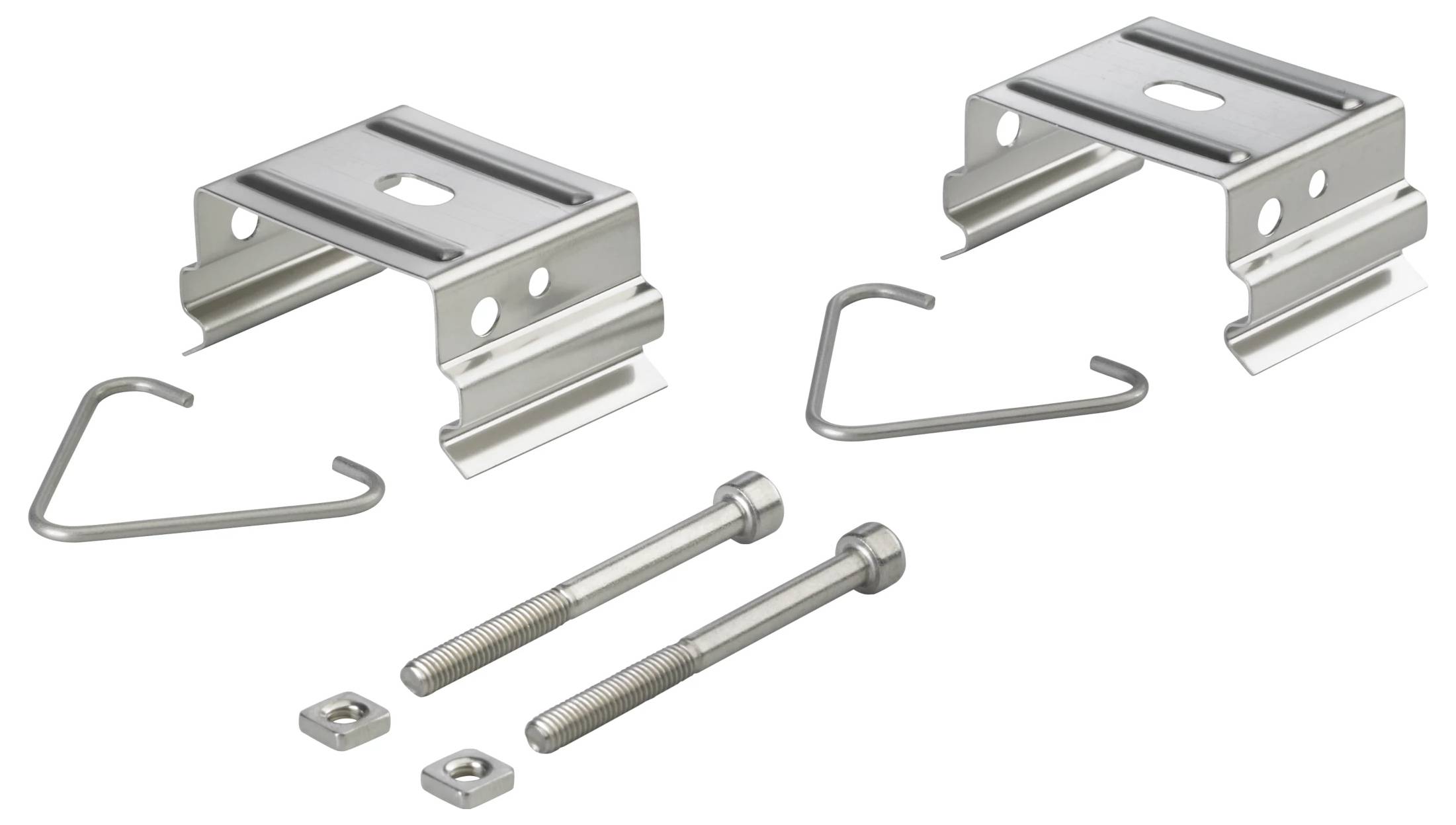 Metallmontageclip-Set mit zwei Halterungshälften, zwei Bolzen, zwei Muttern und zwei Drahtclips auf weißem Hintergrund.