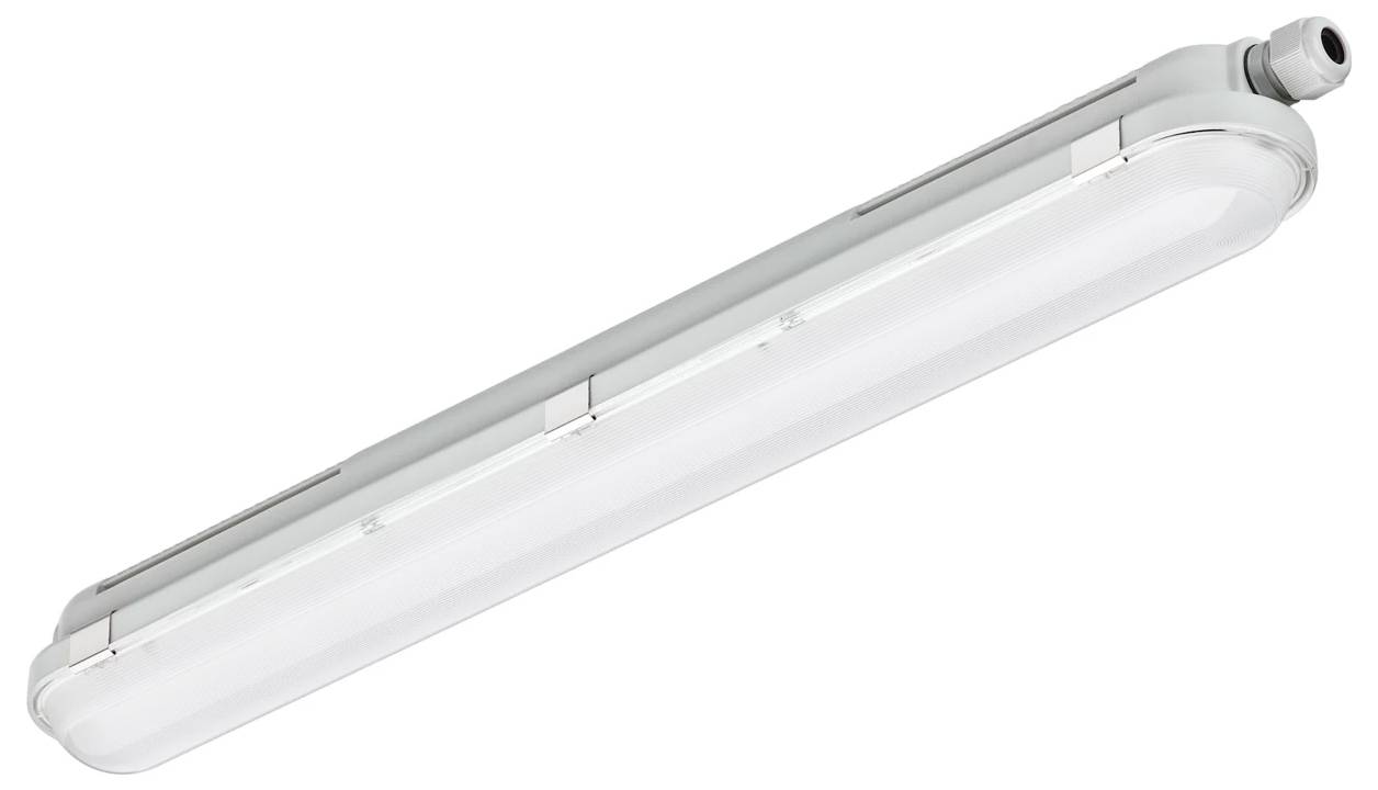 Ein langes, an der Decke montiertes Leuchtstoffleuchtengehäuse mit weißem Diffusor und Metallgehäuse auf weißem Hintergrund.