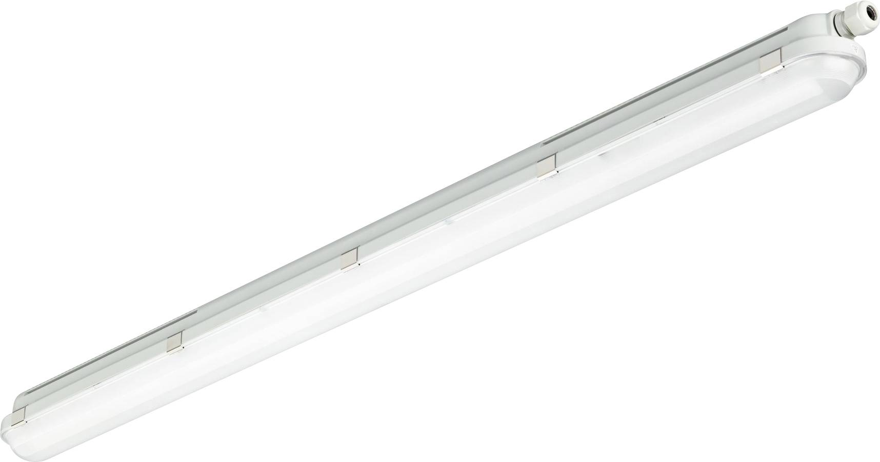 Lange Leuchtstoffleuchte mit weißem Diffusor und Metallgehäuse, diagonal auf einfachem Hintergrund dargestellt.