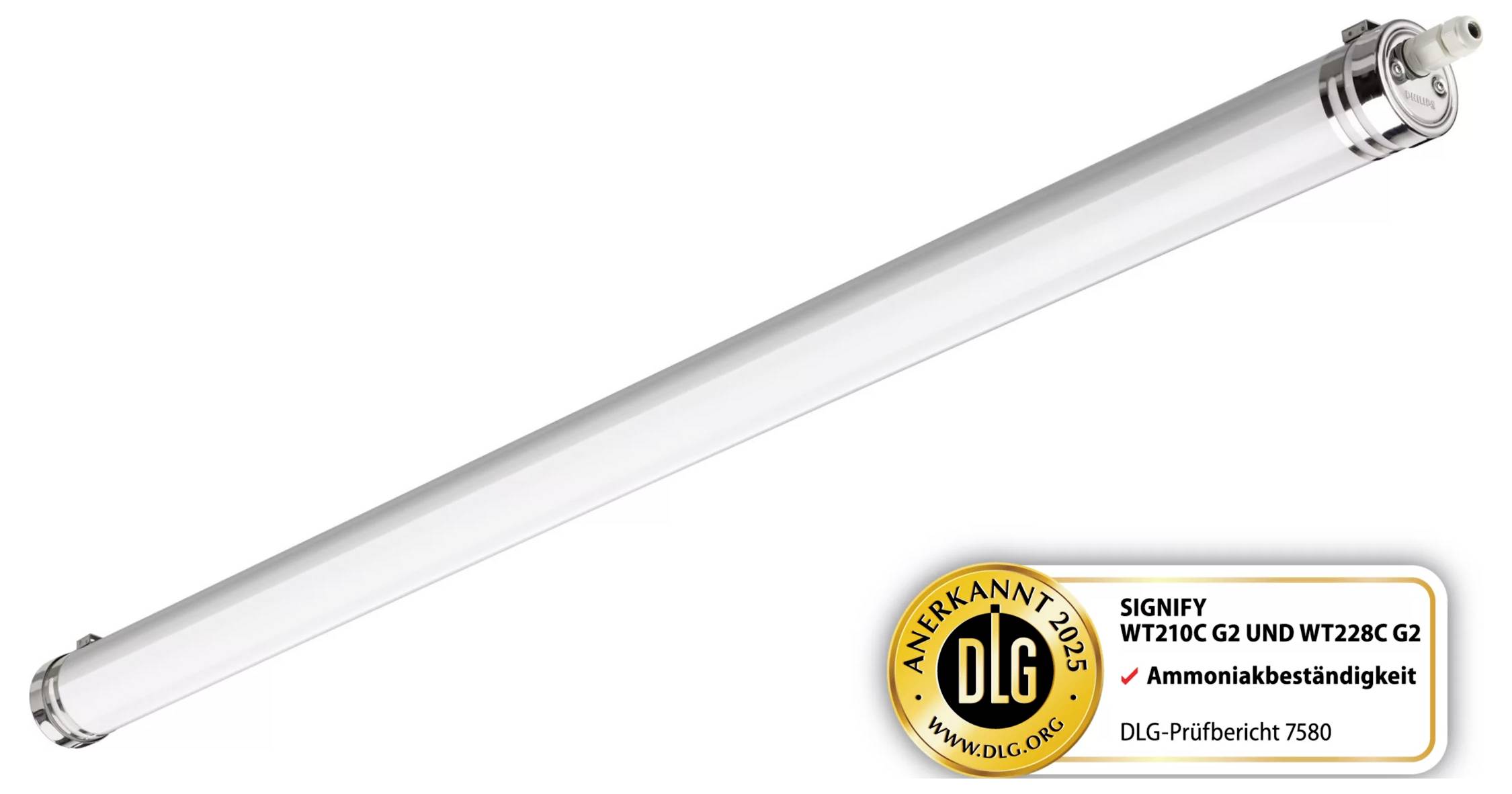 Lange zylindrische LED-Röhrenleuchte auf weißem Hintergrund mit DLG-Zertifizierungssiegel und Kennzeichnung für Ammoniakbeständigkeit sowie DLG-Testbericht 7580.