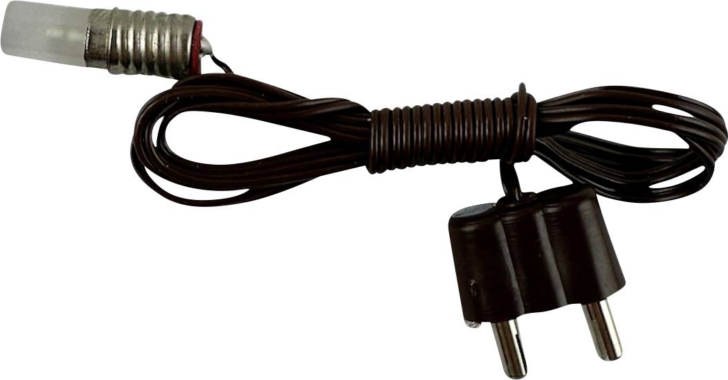 Braunes Stromkabel mit einem kleinen zweipoligen Stecker und einem Verbinder mit Metallspitze auf weißem Hintergrund.