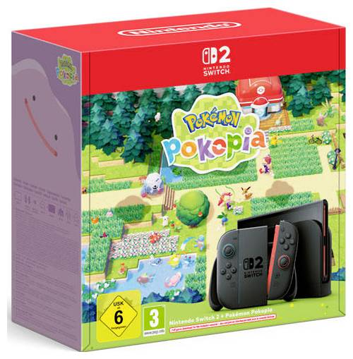 Nintendo Switch 2 Pokémon Pokopia Spielebox mit Logo, farbenfroher farmähnlicher Landschaft und Konsole mit Joy-Con-Controllern auf der Vorderseite.