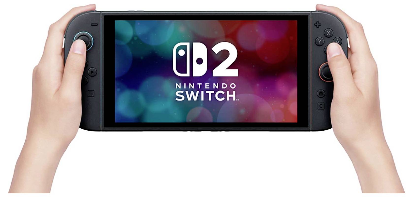 Hände halten eine Nintendo Switch 2-Konsole, wobei der Bildschirm das Logo 
