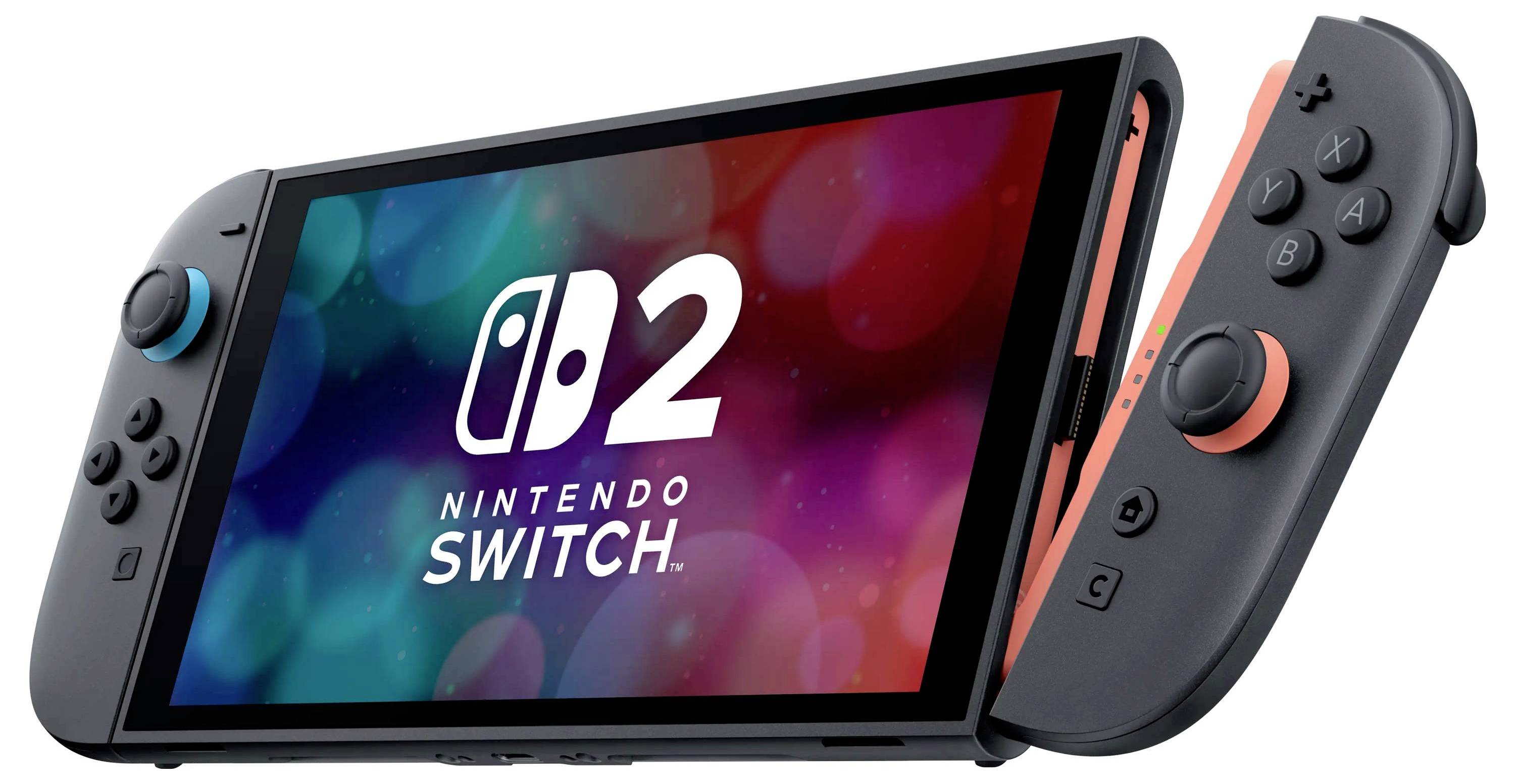 Nintendo Switch 2-Konsole mit abnehmbaren Joy-Con-Controllern und dem Logo „Nintendo Switch 2