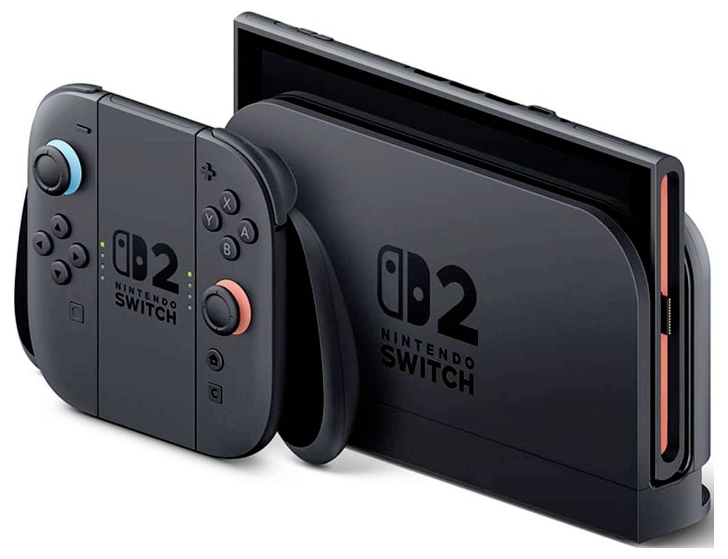 Nintendo Switch 2 Konsole mit zwei abnehmbaren schwarzen Joy-Con Controllern, gezeigt in einem produktähnlichen Bild auf weißem Hintergrund.