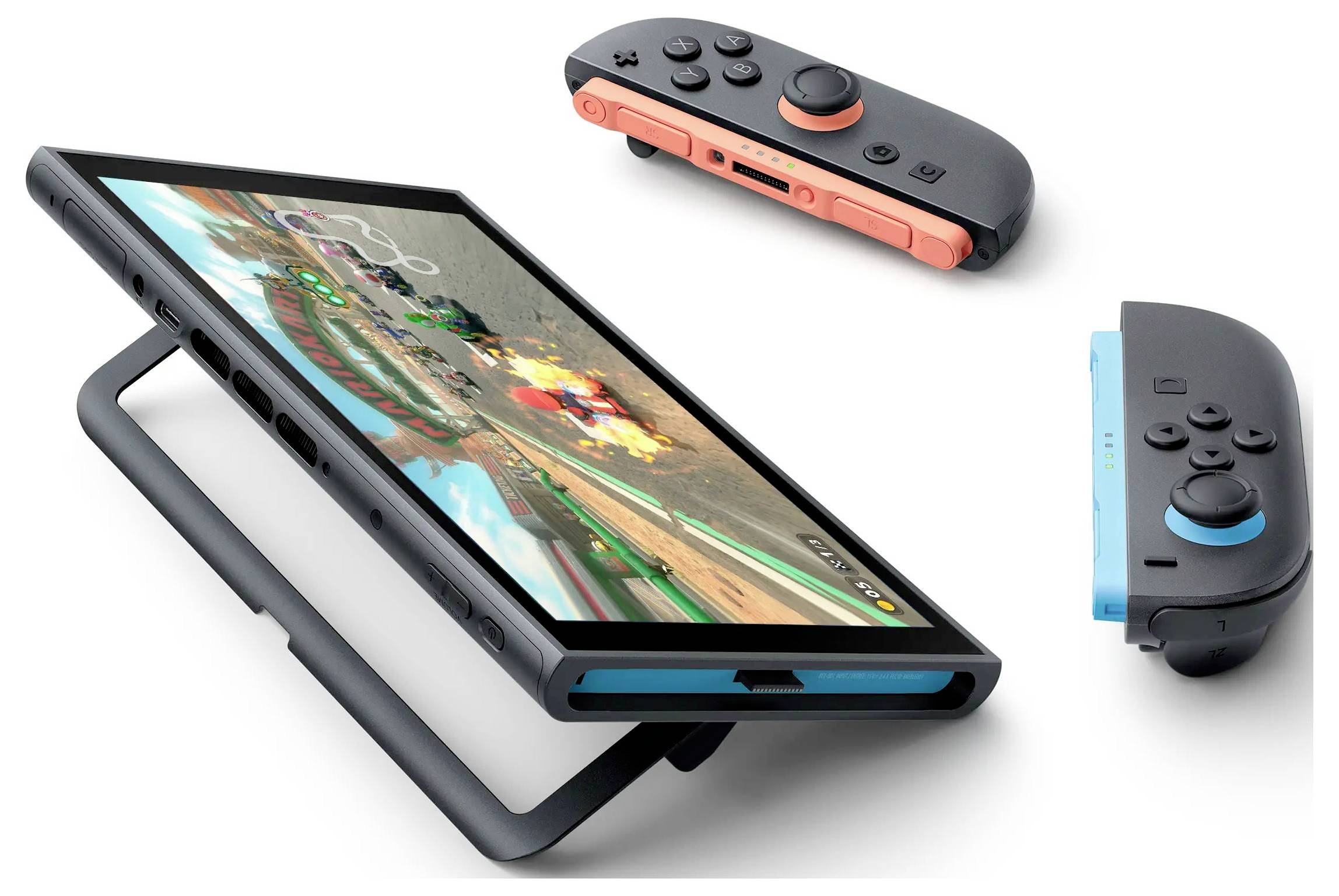 Nintendo Switch Konsole im tragbaren Modus auf einem Ständer, mit abgelösten roten und blauen Joy-Con Controllern, die darüber und daneben angezeigt werden.
