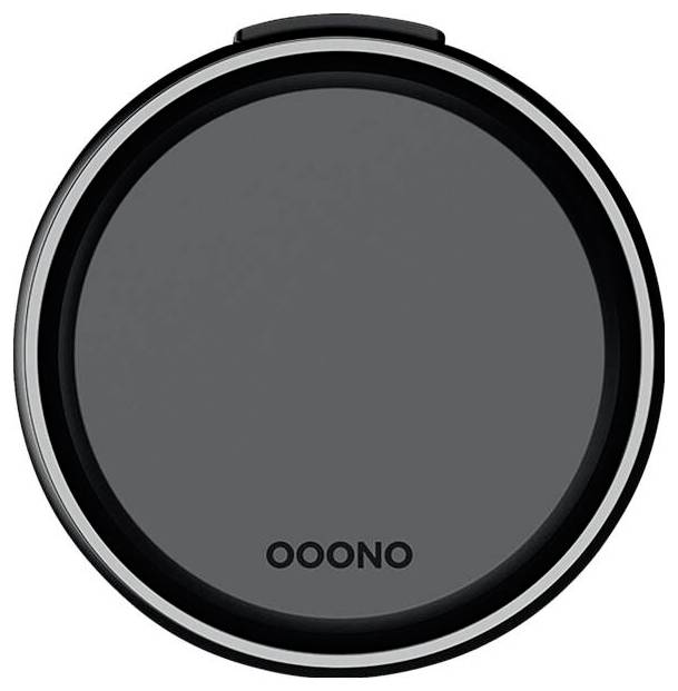 Rundes schwarzes Ooono-Gerät mit grauer, leerer Mitte und kleinem Logo am unteren Rand.