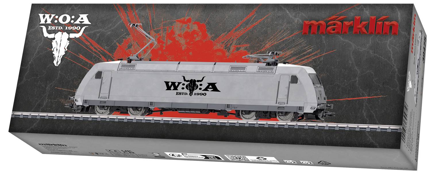 Verpackte Märklin-Modellzuglokomotive in Grau mit W:O:A und „Est. 1990