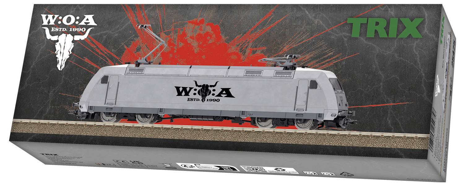 Modellbox einer grauen W.O.A. Lokomotive mit rotem Spritzer-Artwork und dem grünen 
