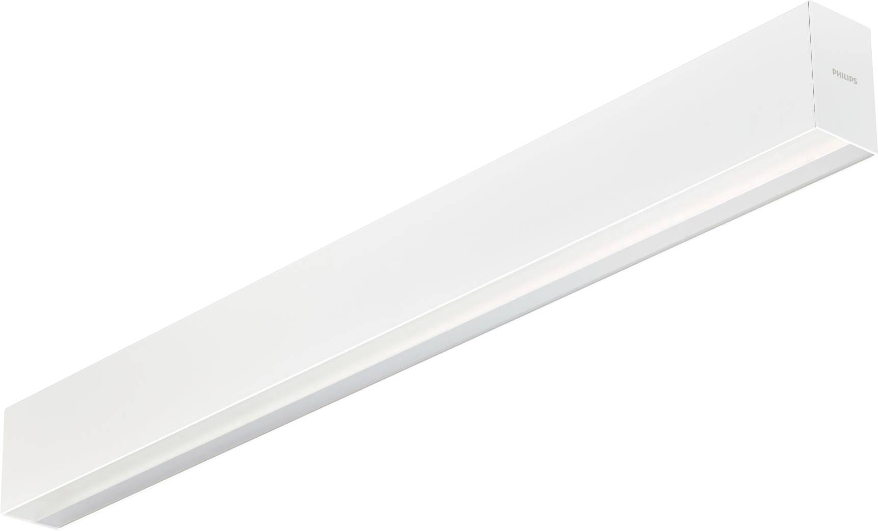 Lange weiße lineare LED-Leuchte in einem Winkel auf weißem Hintergrund montiert.