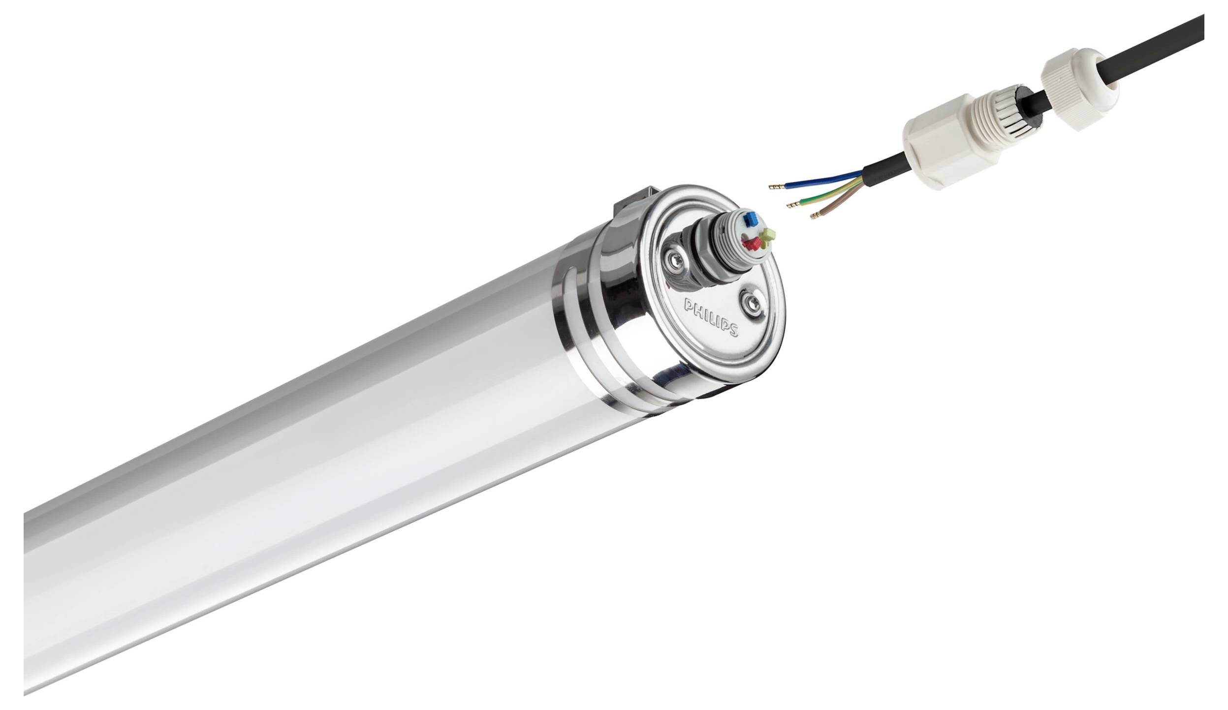Nahaufnahme einer LED-Röhrenleuchte mit freiliegendem Enddeckel und angeschlossenem Stromkabel, die interne Verkabelung und wasserdichten Stecker zeigt.