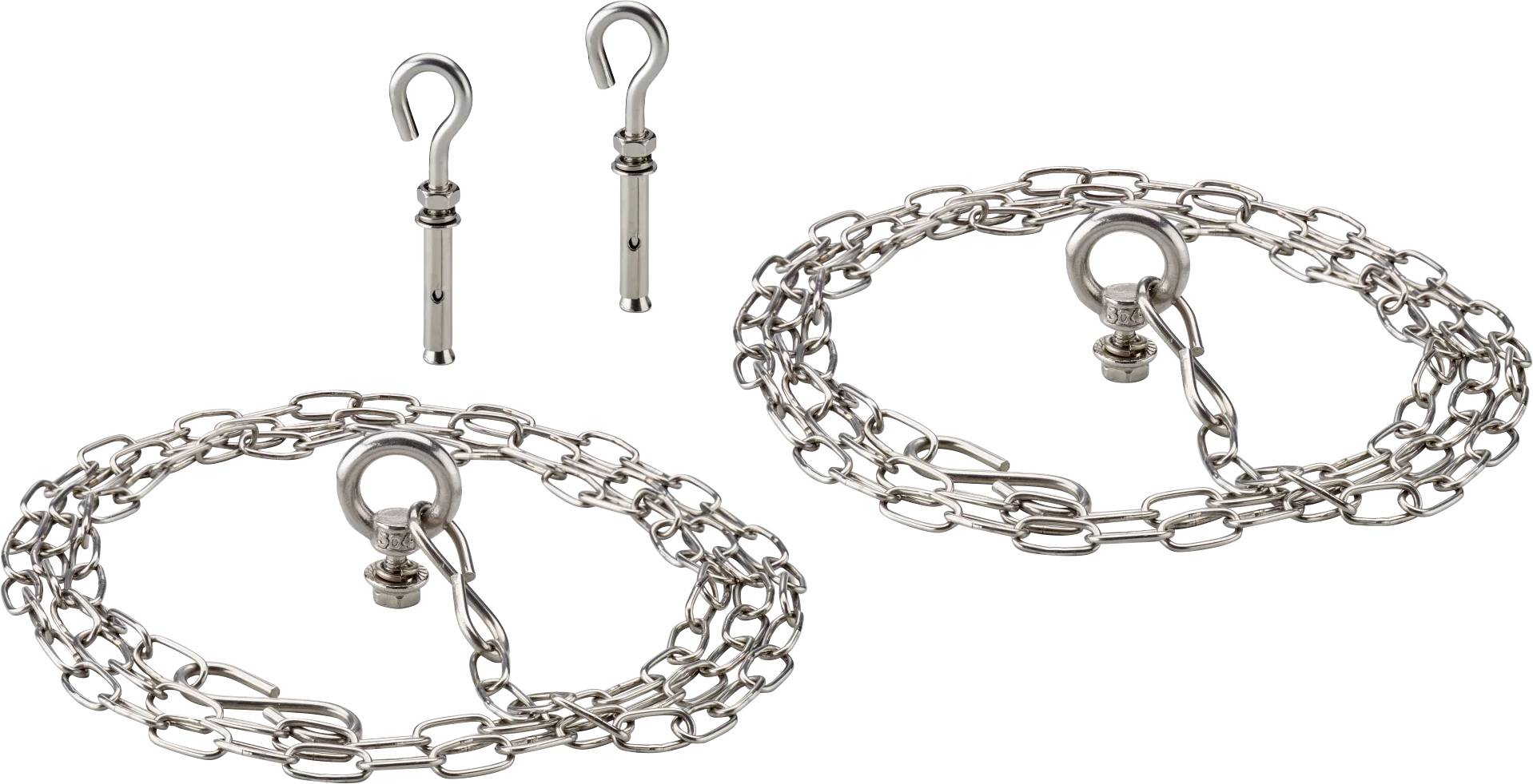 Zwei aufgerollte Ketten mit Haken und Ringverbindern, dargestellt als separate Hardwareteile auf weißem Hintergrund.