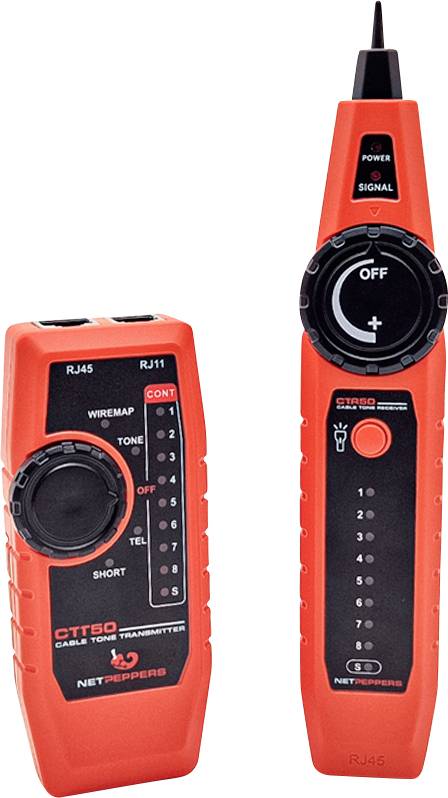 Zwei rote Netpeppers-Kabeltestgeräte nebeneinander, einschließlich eines RJ45-Kabeltestersund einer Sonde/eines Tonalisierers mit beschrifteten Bedienelementen und Anzeigelampen.