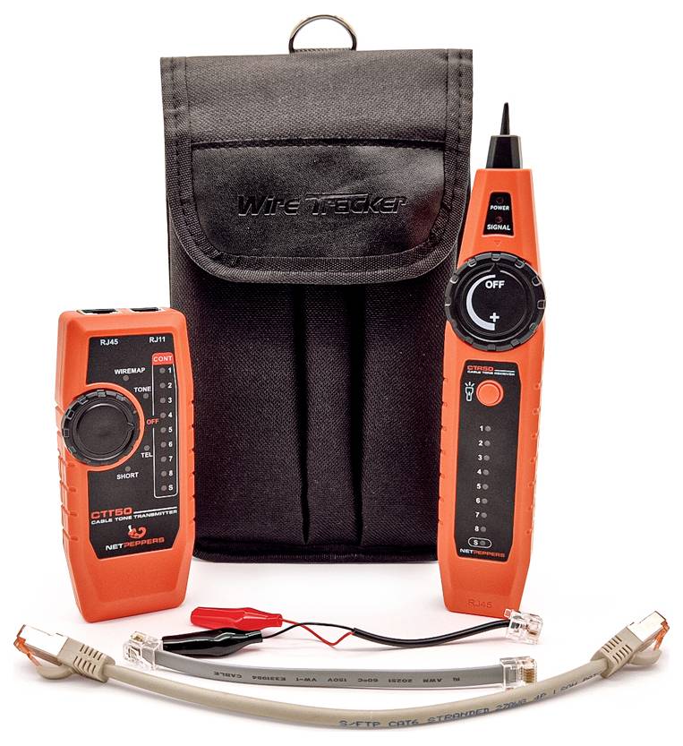 Drahtverfolger-Set mit zwei orangefarbenen tragbaren Testern, Transporttasche, Sondenspitze, Klemmen und Ethernet-Kabeln auf weißem Hintergrund