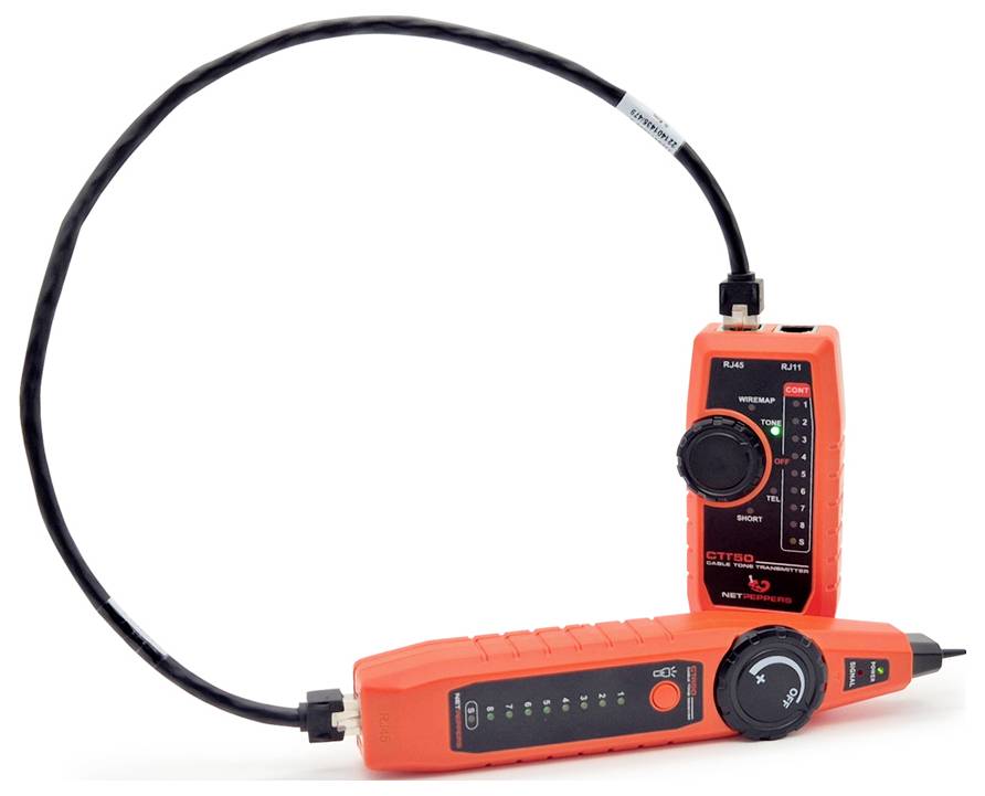 Orange-Kabelverfolgungsset mit einer Sonde und einem Sender, die durch ein schwarzes Kabel verbunden sind, verwendet zum Lokalisieren und Prüfen von Drähten oder Telefonleitungen.