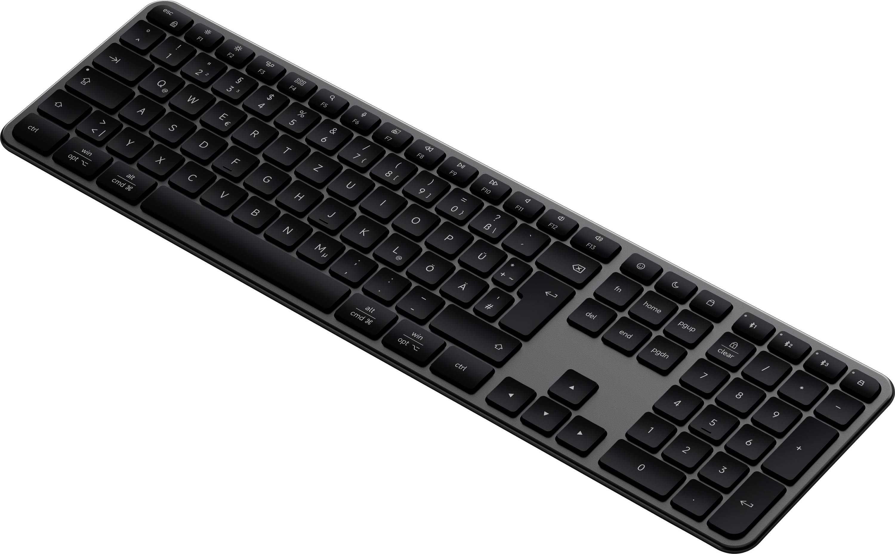 Schwarze Vollgrößen-Wireless-Tastatur in schräger Perspektive auf weißem Hintergrund, mit sichtbarem Zahlenblock und Funktionstasten.