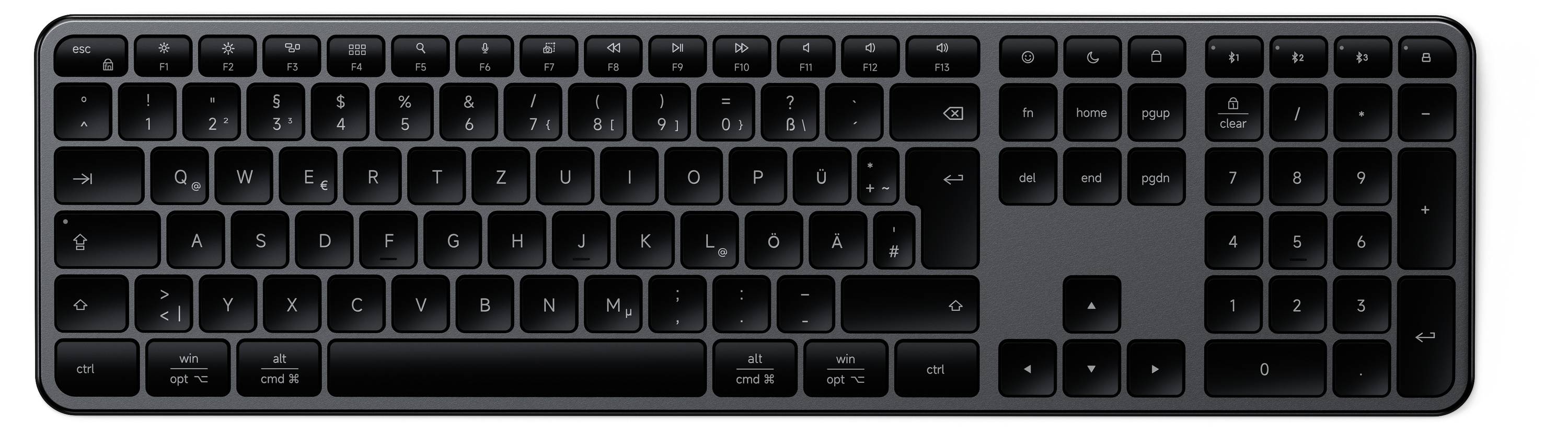 Schwarze kabellose Vollgröße-Tastatur mit flachen Tasten, einschließlich eines numerischen Tastenfelds und eines Pfeiltastenbereichs, von oben auf weißem Hintergrund abgebildet.