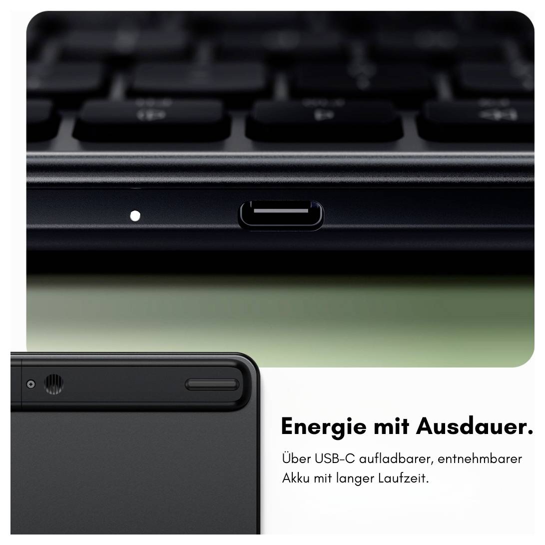 Produktwerbung mit einem Laptop mit USB-C-Ladeanschluss und austauschbarem Akku; deutscher Text sagt „Energie mit Ausdauer