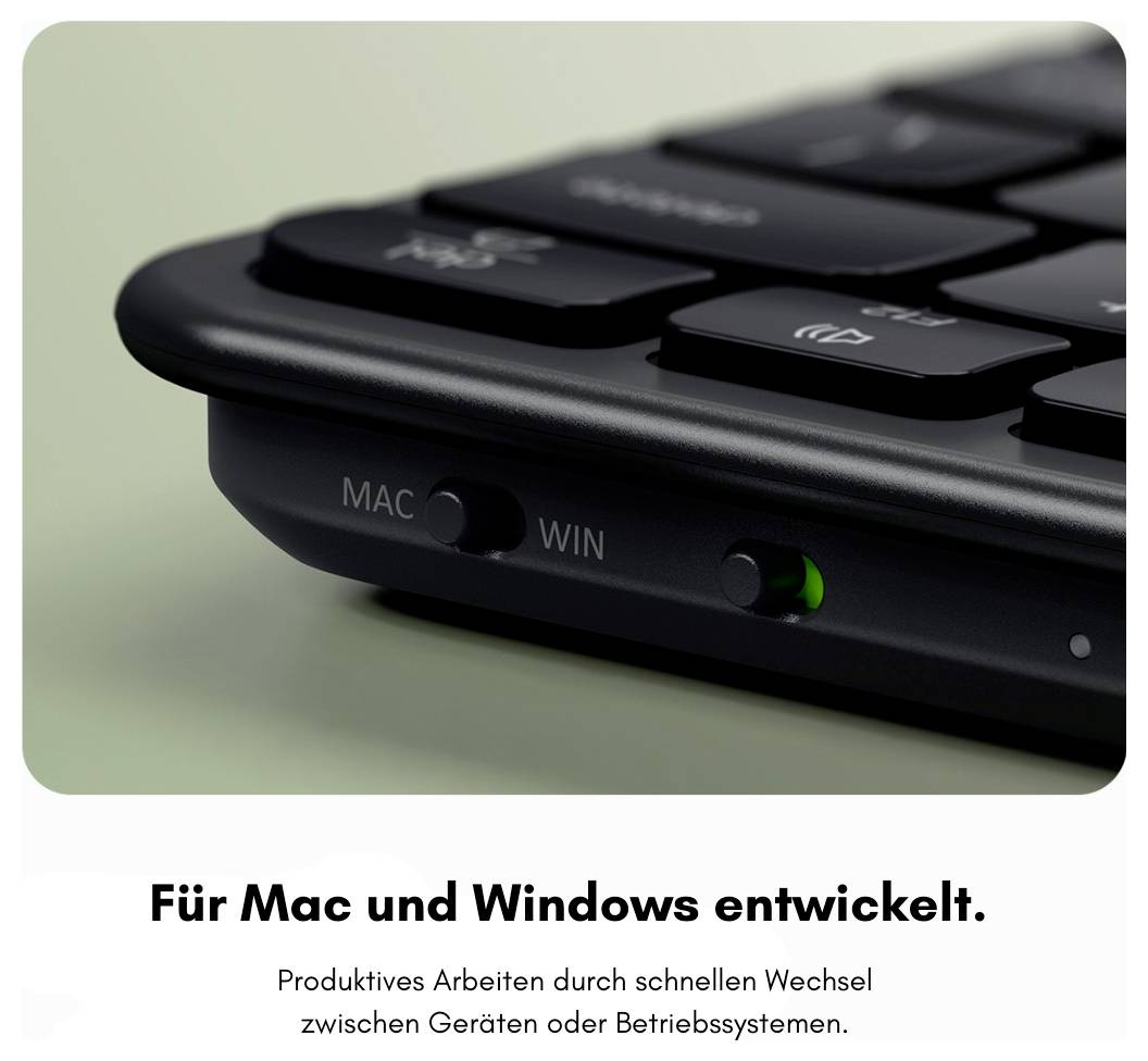 Nahaufnahme einer Tastatur mit einem Mac/Windows-Schalter, der zeigt, dass sie für sowohl Mac als auch Windows entwickelt wurde; die Bildunterschrift besagt „Für Mac und Windows entwickelt.