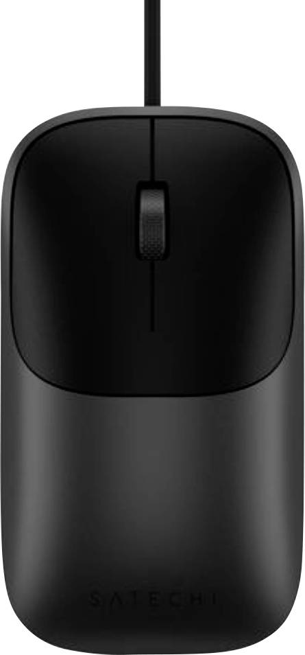 Schwarze kabelgebundene Computermaus mit Scrollrad und Satechi-Branding auf der Unterseite