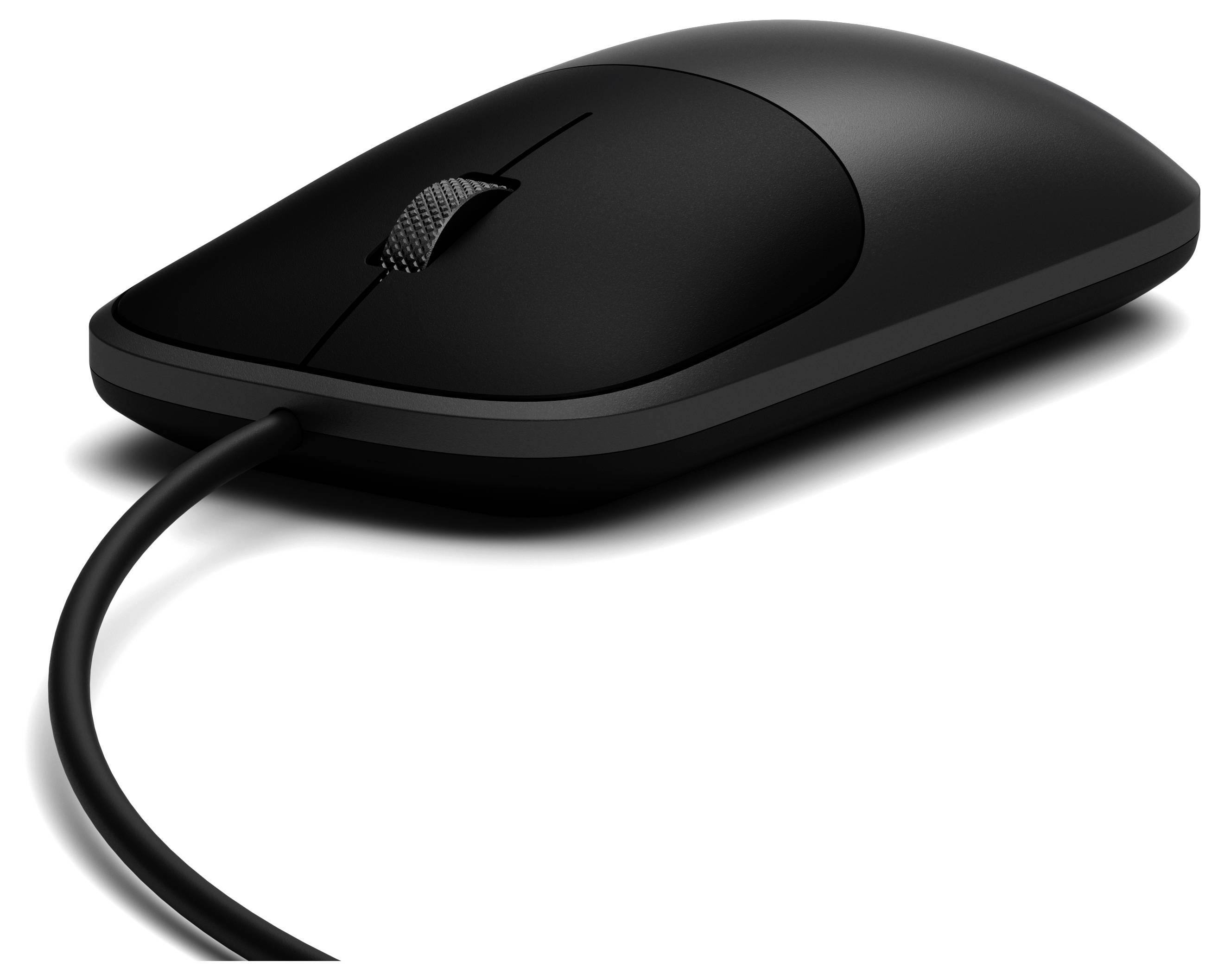 Schwarze kabelgebundene Computermaus auf weißem Hintergrund, im Winkel dargestellt mit sichtbarem Scrollrad und Kabel.