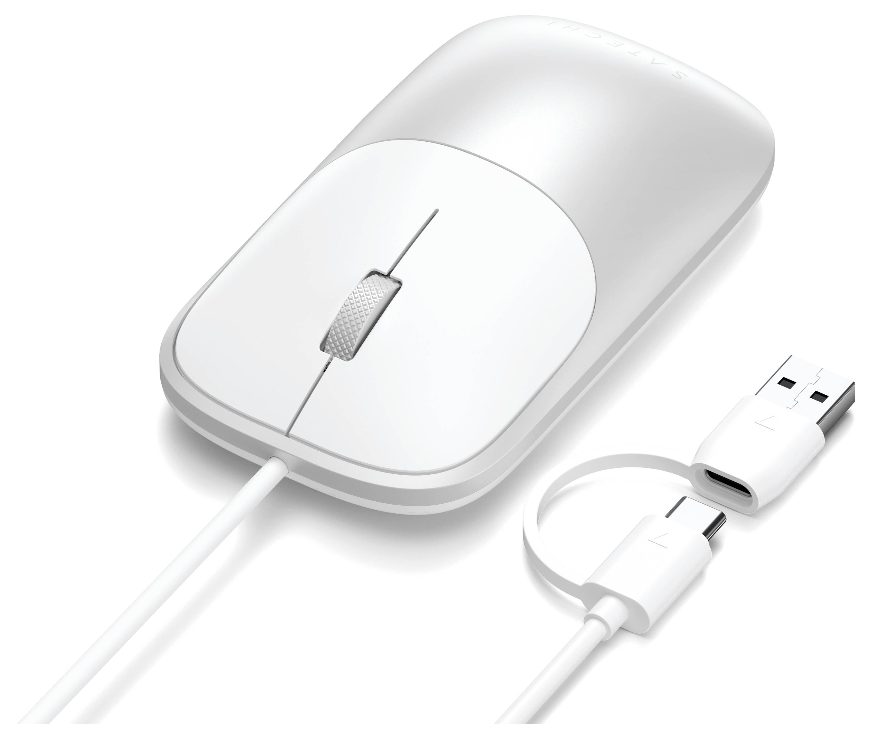 Weiße kabelgebundene Computermaus mit Scrollrad und USB-Stecker auf einfachem Hintergrund.