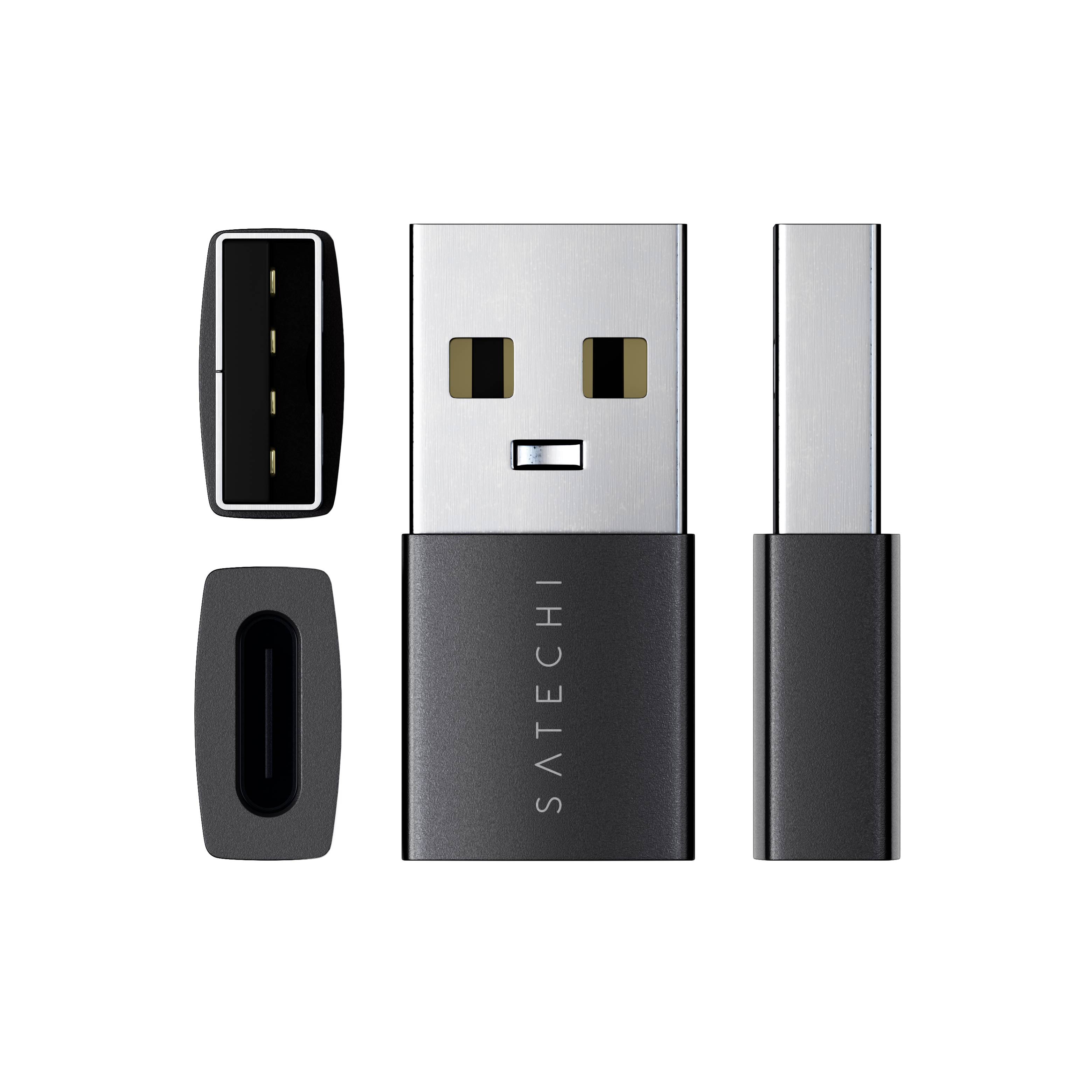 Ein schwarzer und silberner USB-Speicherstick, der aus mehreren Winkeln gezeigt wird, einschließlich des vorderen Anschlusses, der Kappe und der Seitenansicht, mit 