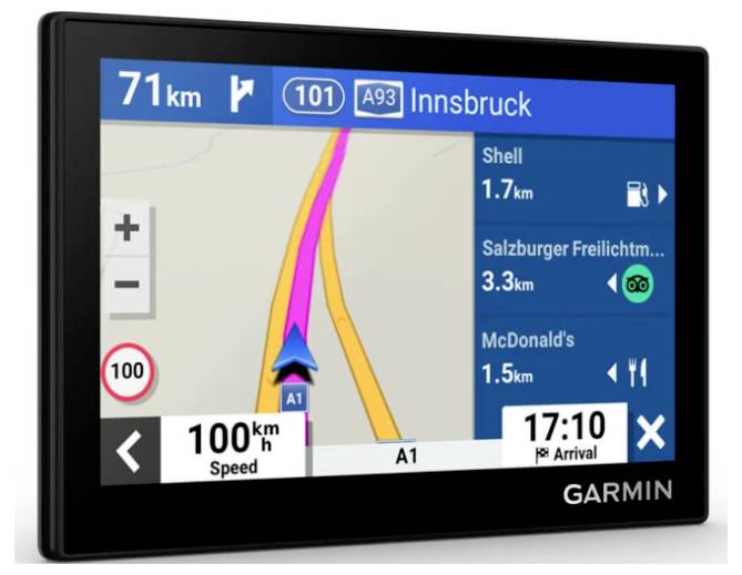 Garmin GPS-Navigationsbildschirm mit Route nach Innsbruck auf der A1, 71 km verbleibend, Geschwindigkeitsbegrenzung 100 km/h, nahegelegene Tankstellen- und Restaurantstopps und Ankunftszeit 17:10.